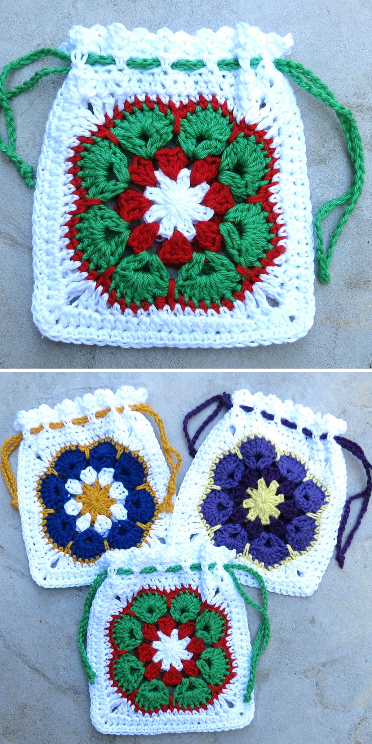 crochet pouches made from African flower granny squares