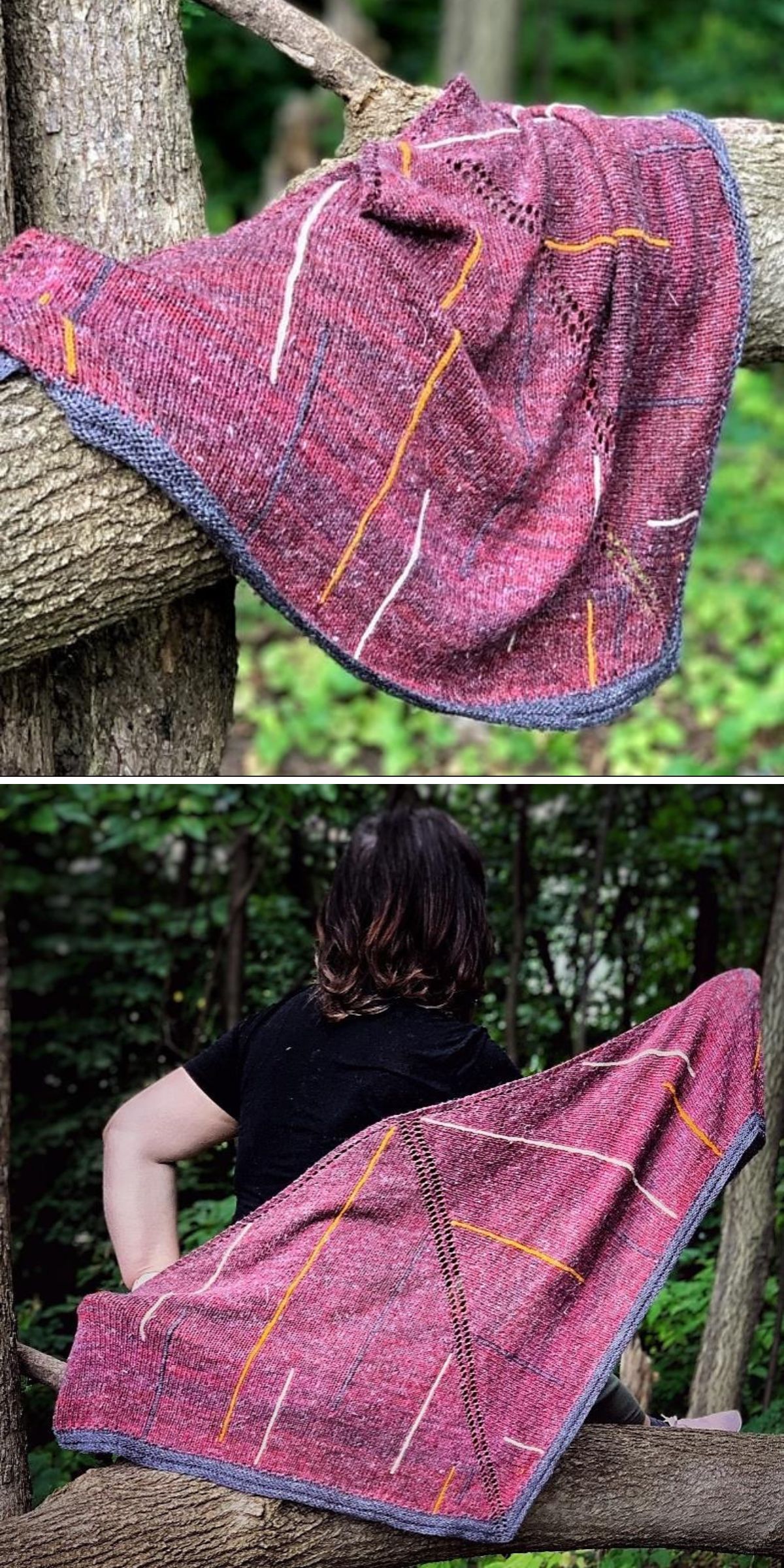 a light triangular knitted shawl in purple