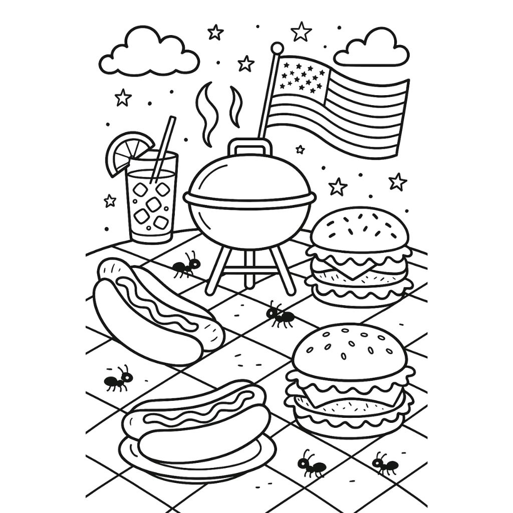 Classic American BBQ scene with grill, burgers, hot dogs, and flags – detailed 4th of July coloring page