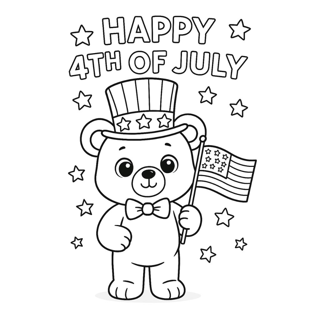 Cute cartoon bear wearing an Uncle Sam hat and bow tie, holding an American flag – 4th of July coloring page for kids