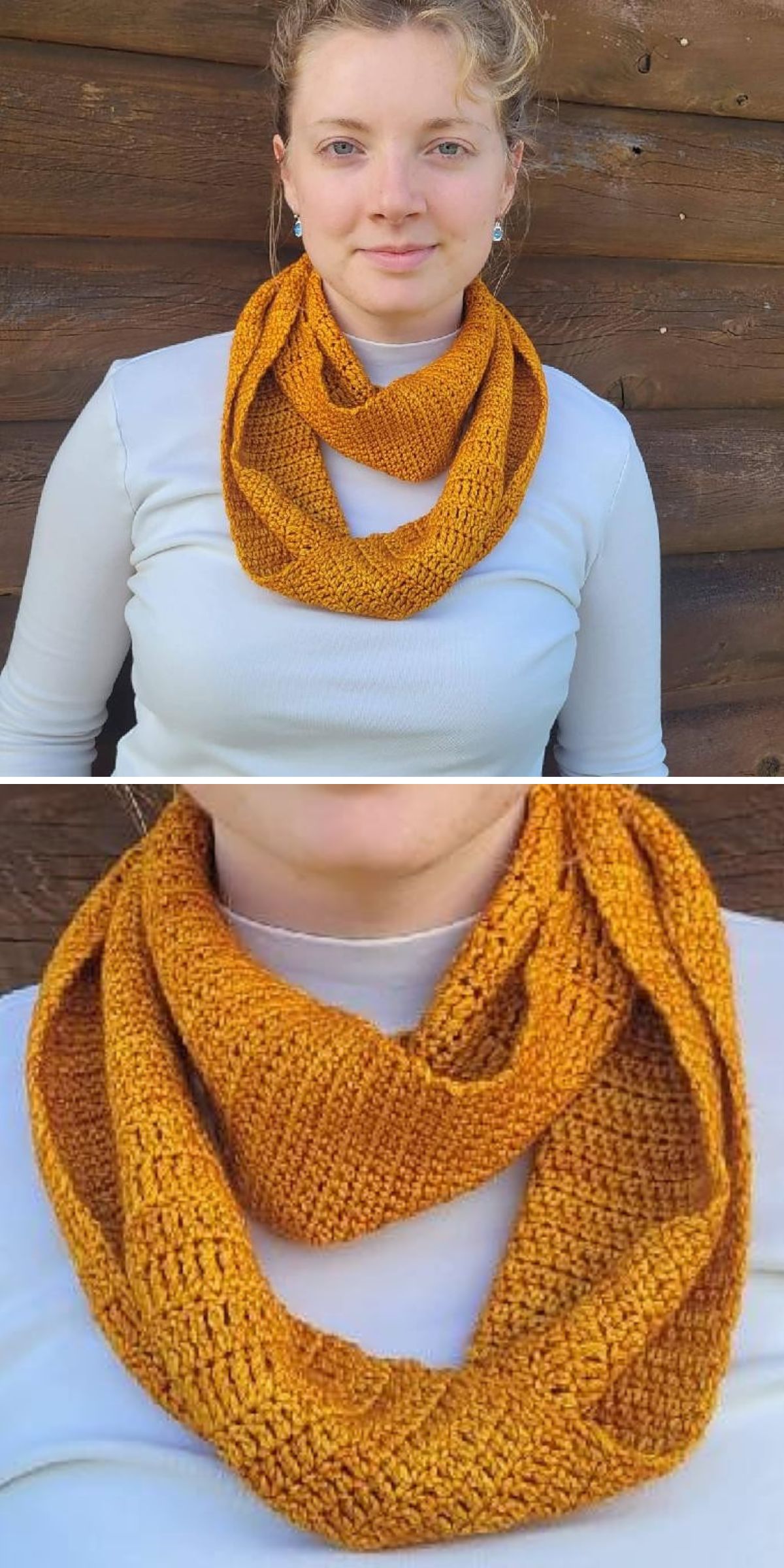 a crochet infinity scarf in orange