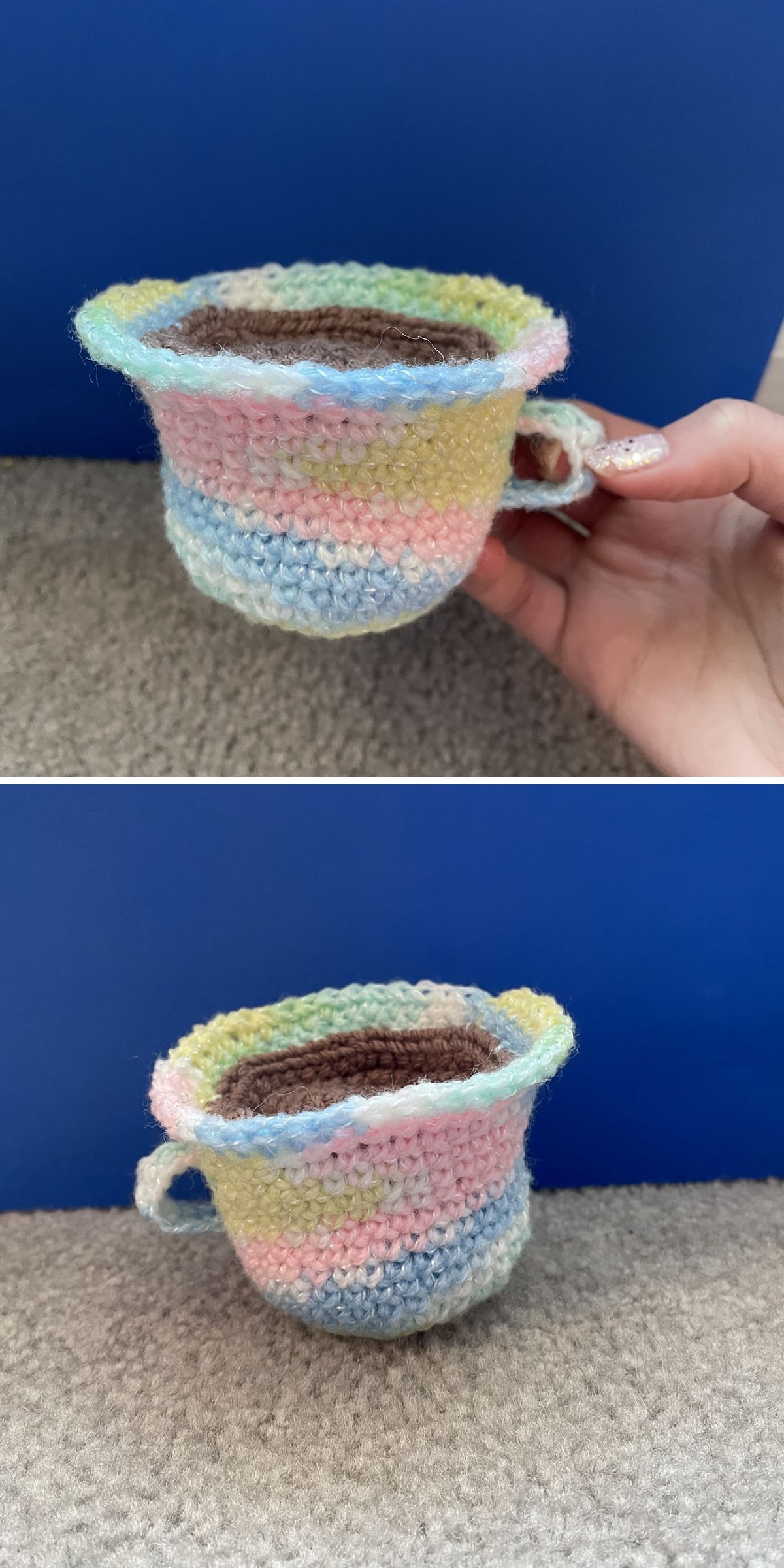 a cute crochet coffee cup featuring a multicolored yarn