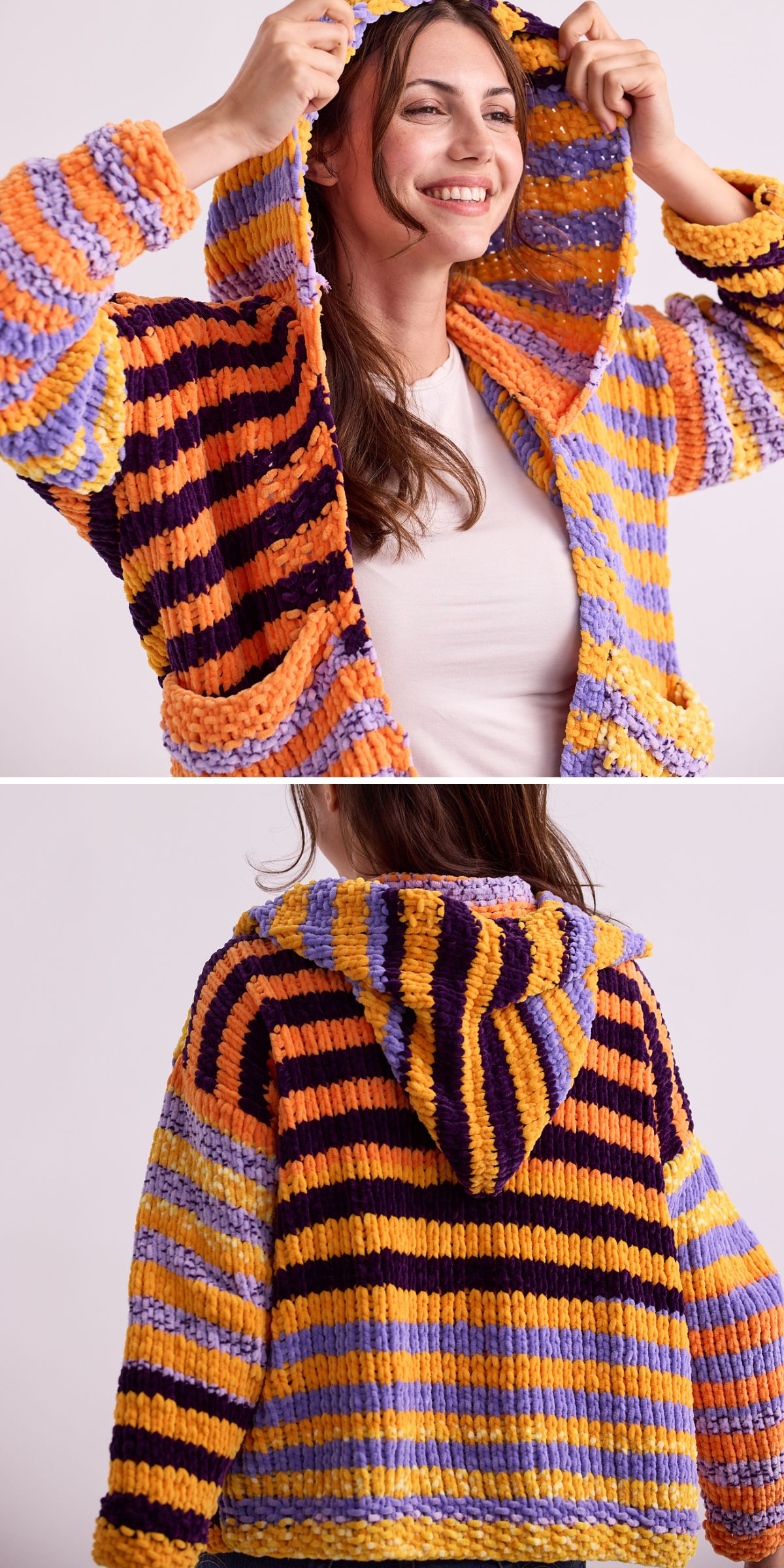 a soft knit hoodie featuring a vibrant striped design