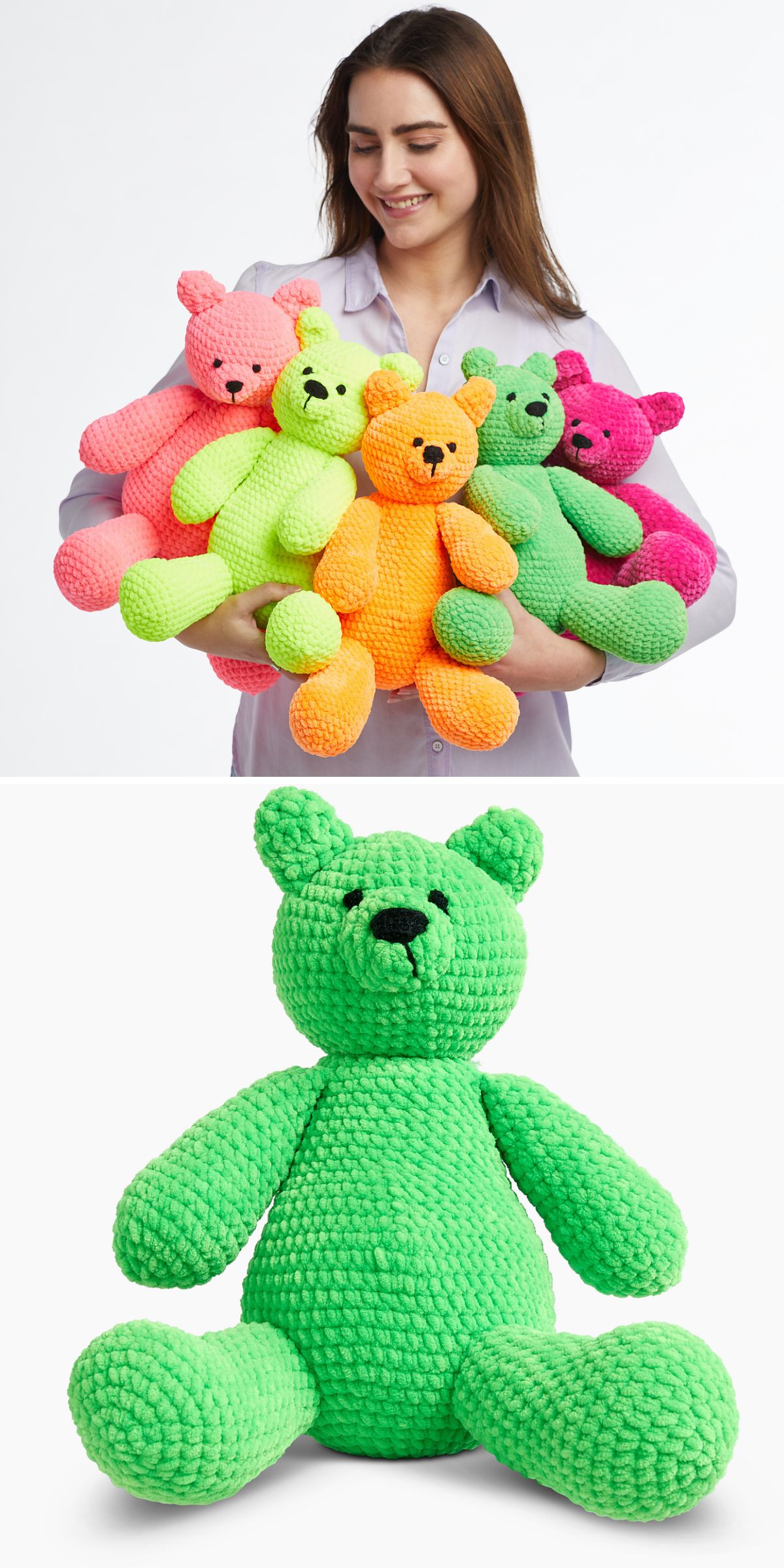 a collection of classic crochet teddy bears in vibrant colors