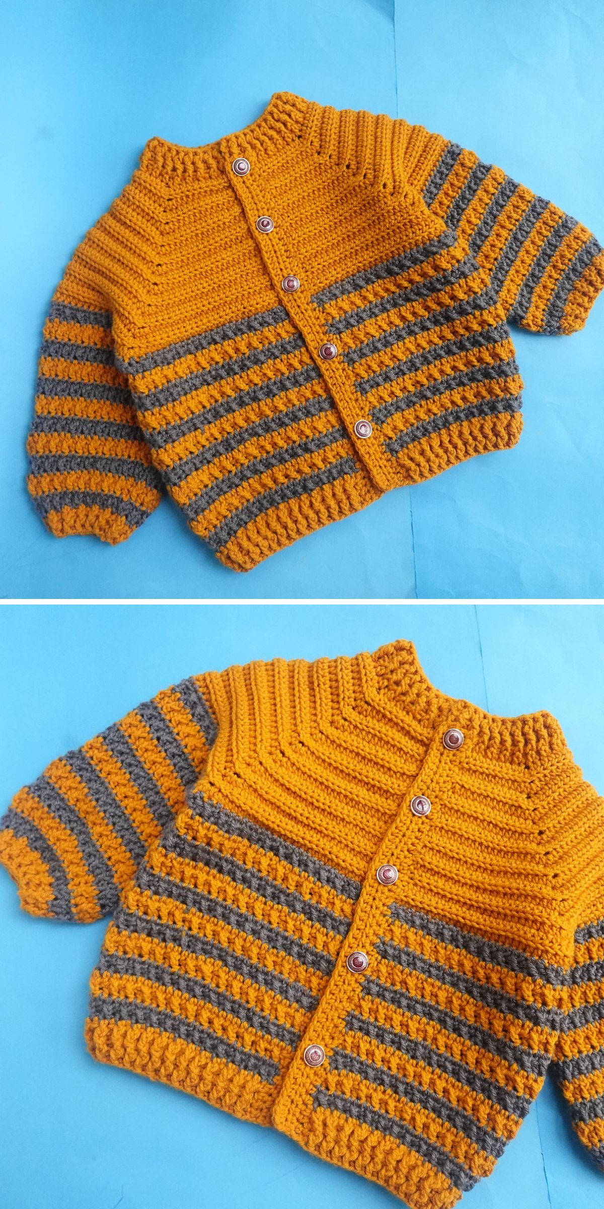 Handmade Crochet Baby jacket with mustard yellow and gray horizontal stripes, button-down front, and long sleeves, beautifully displayed on a blue background.