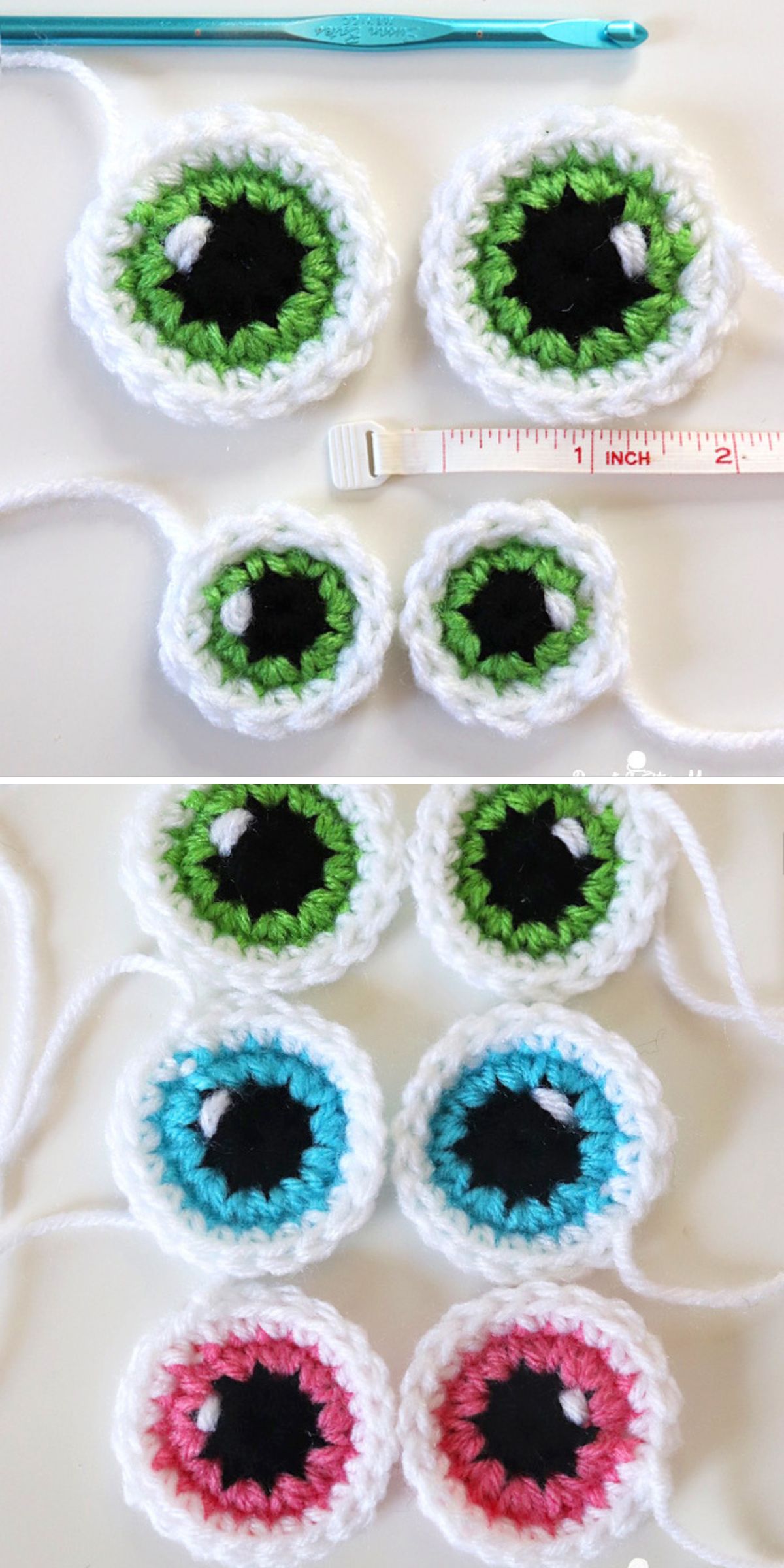 a collection of crochet eye appliques in different colors