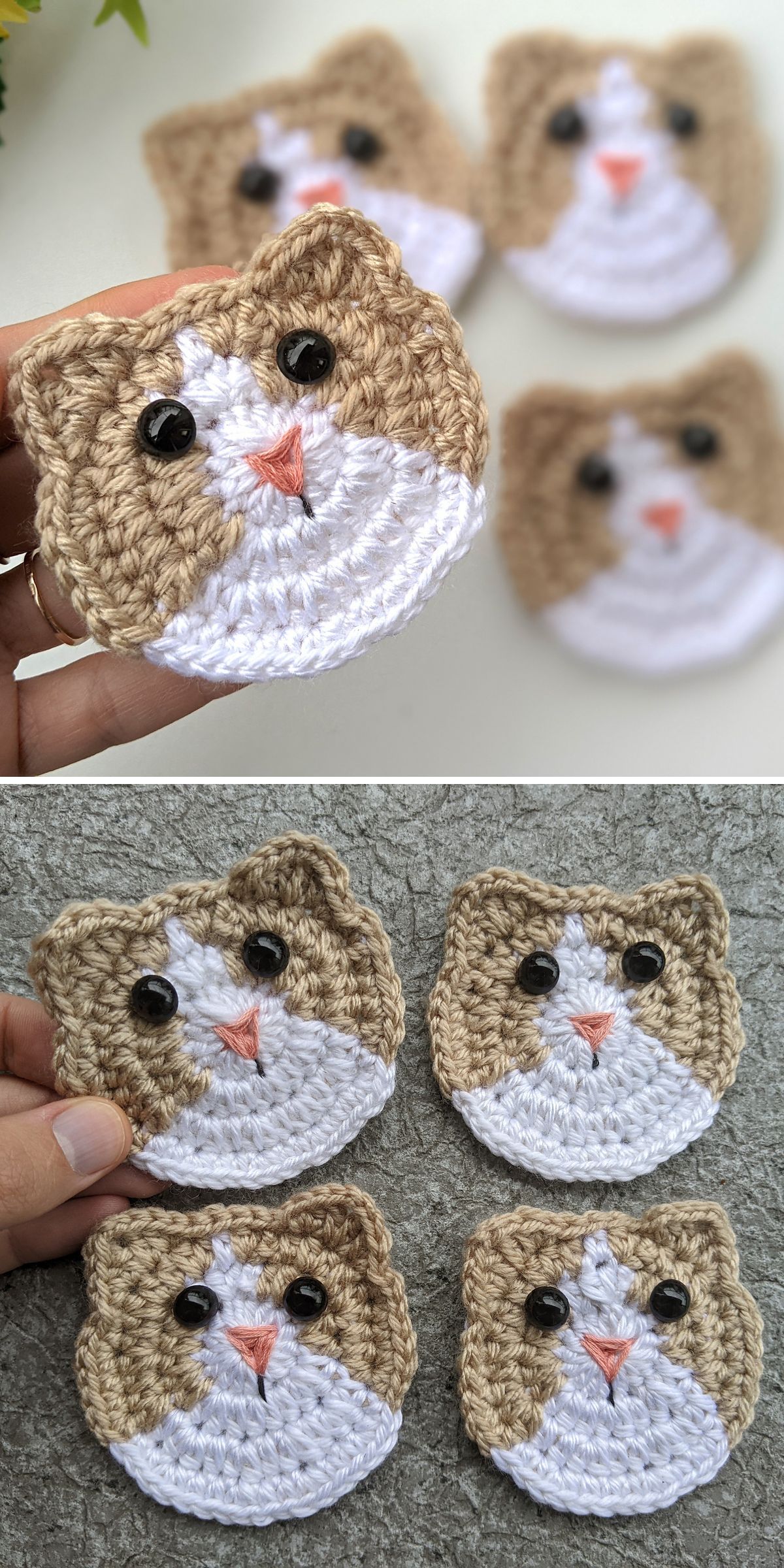 a set of crochet appliques featuring a cute cat faces with eyes and ears