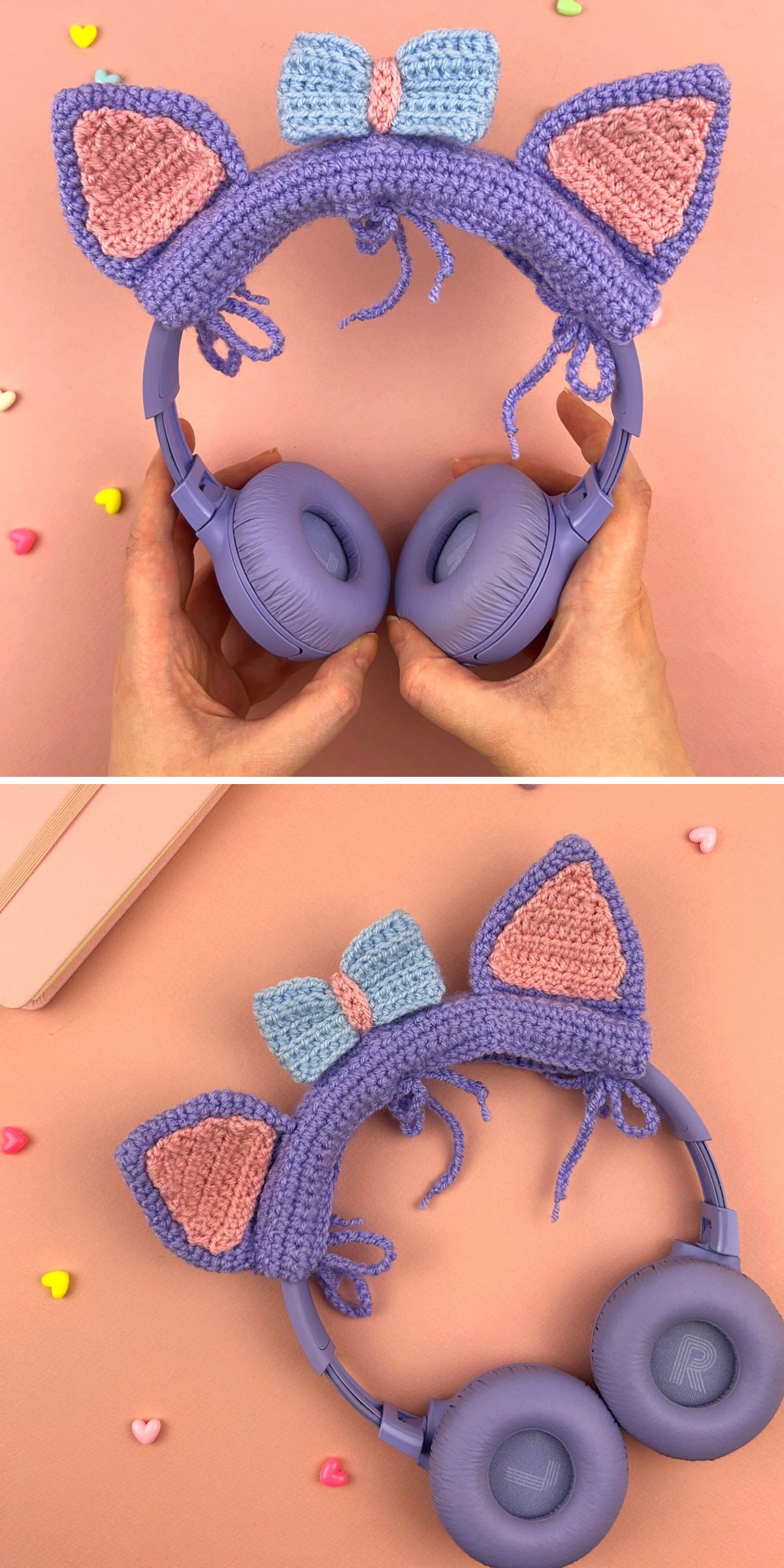 a cute crochet headphones cozy with cat ears and a bow
