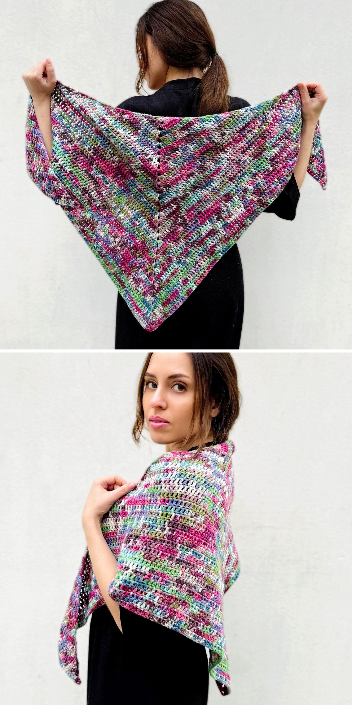 a triangular crochet shawl made with a  colorful variegated yarn