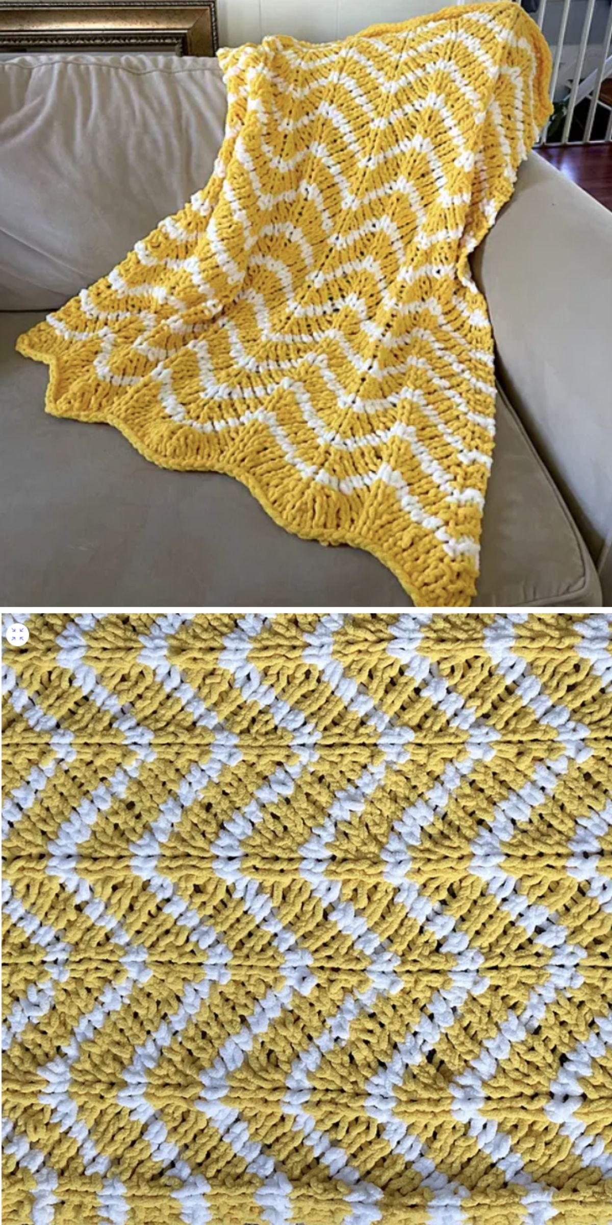 a cute chevron crochet baby blanket in yellow and white