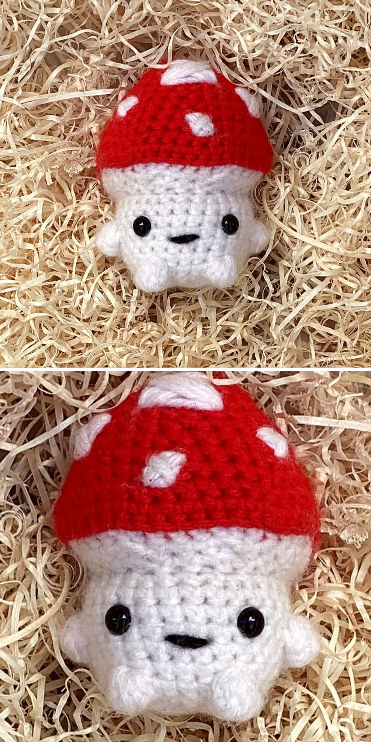 a small crochet mushroom amigurumi with a face, arms and legs