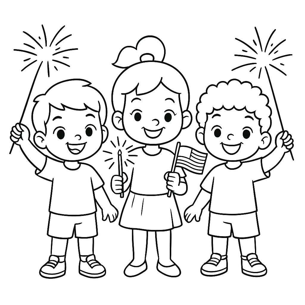 Diverse group of children waving sparklers and American flags – fun 4th of July coloring page for kids