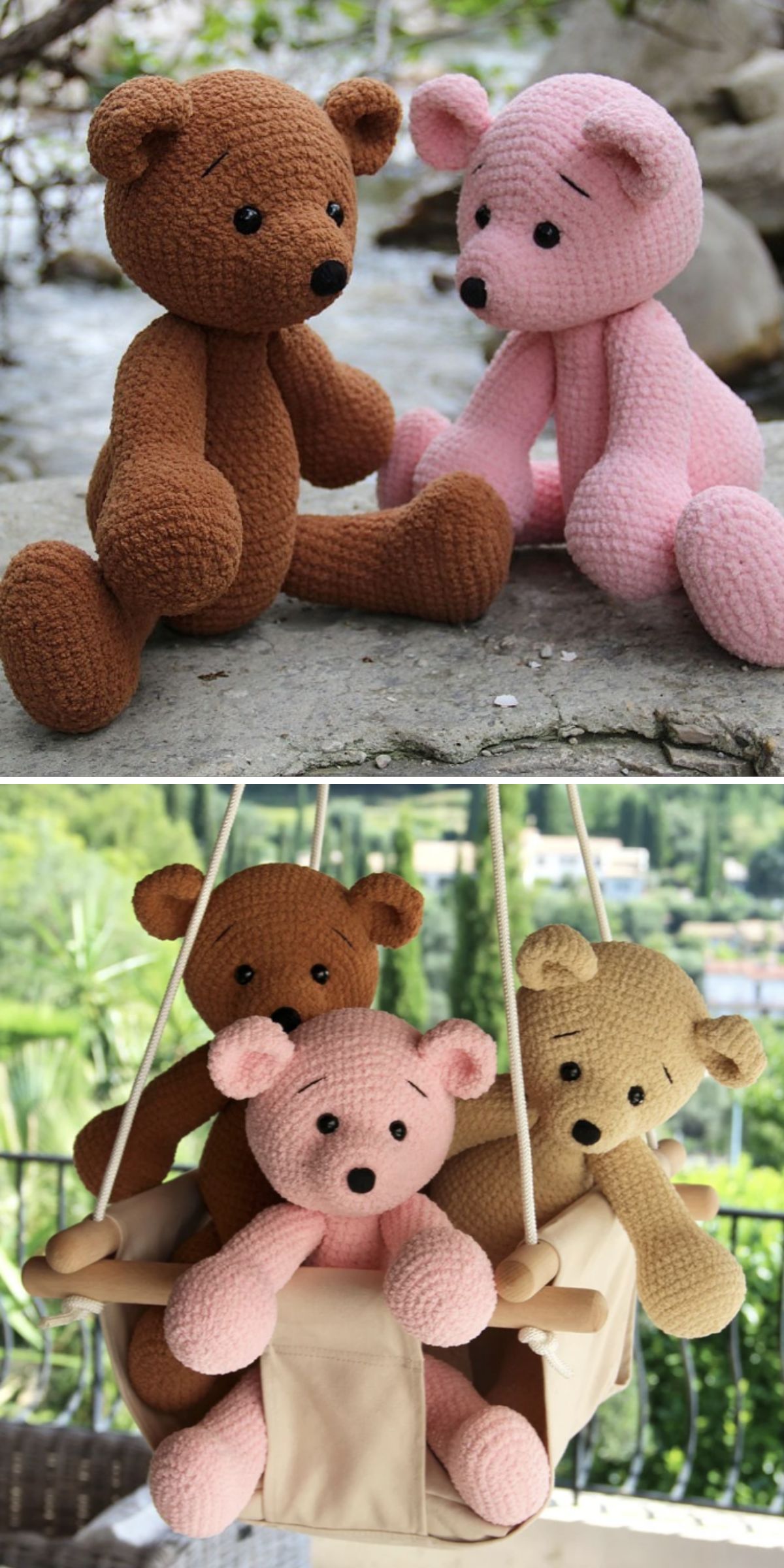 three crochet bear plushies made with a soft chunky yarn in brown, yellow and pink
