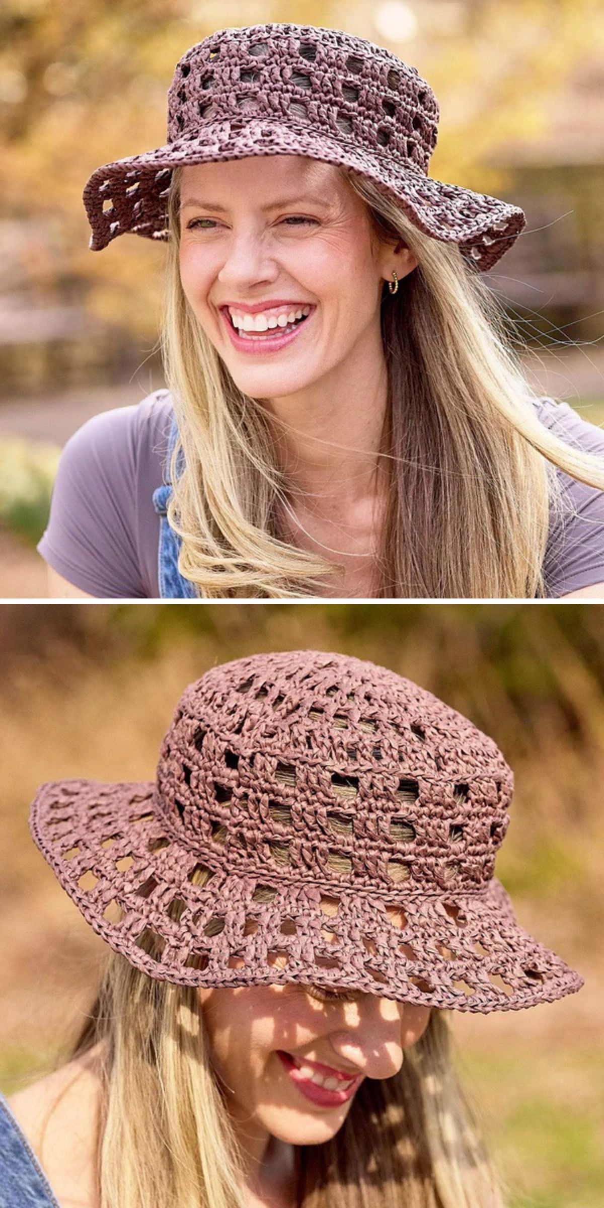 a woman wearing a crochet summer hat with big open stitches