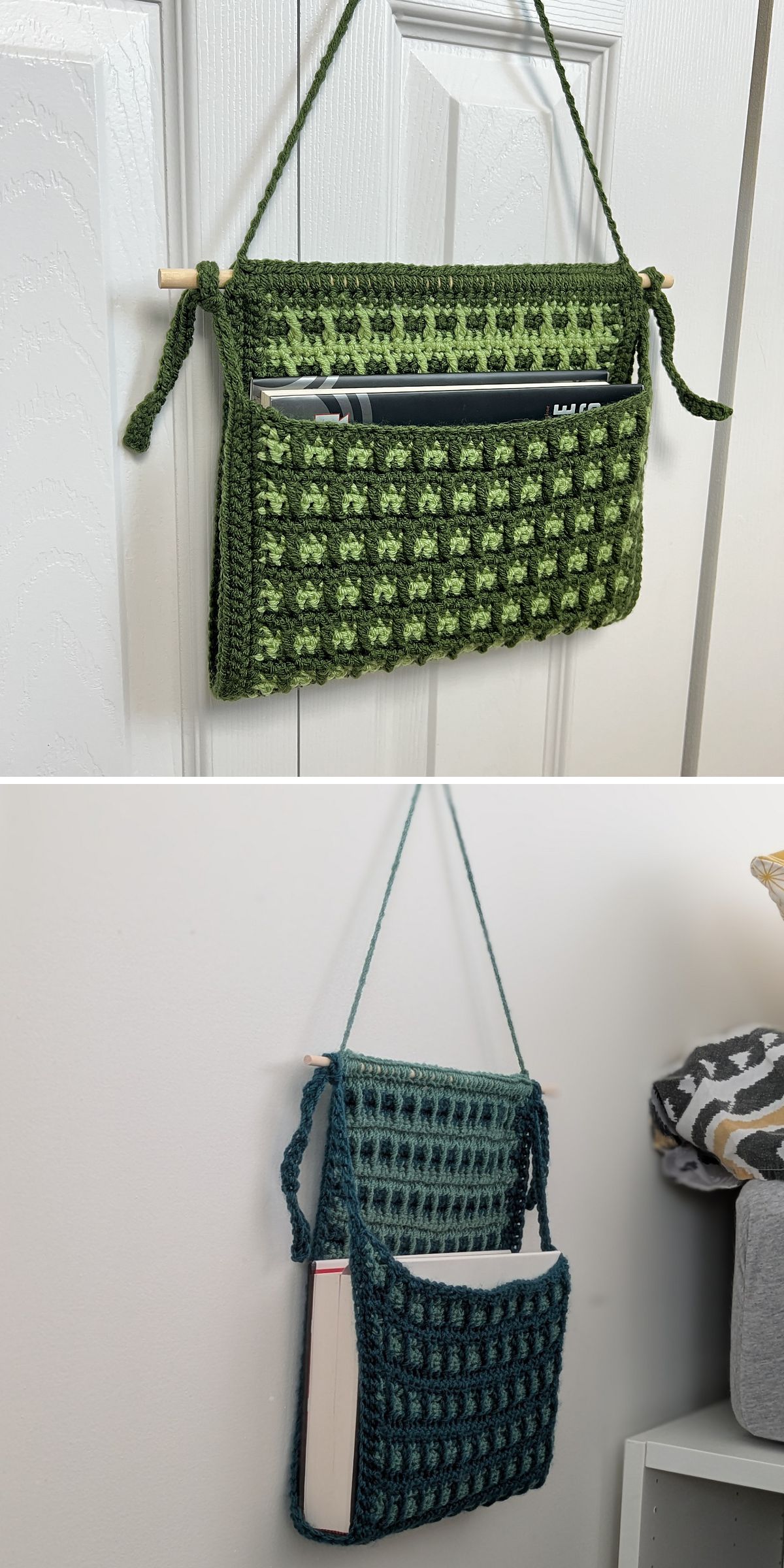 a crochet wall hanging with pockets