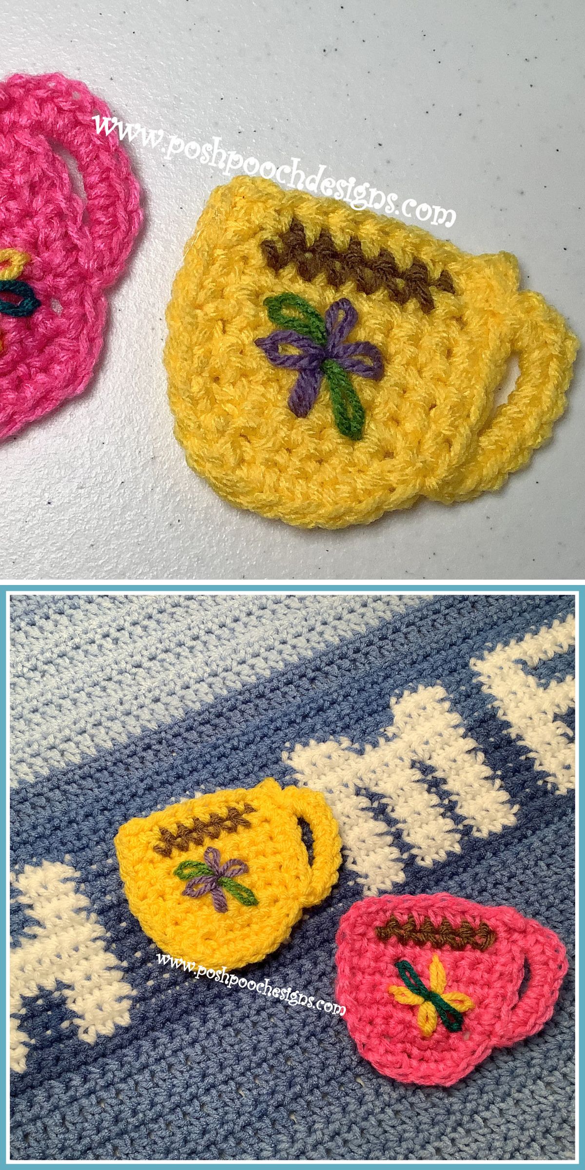 crochet cup-shaped appliques with flower emellishments