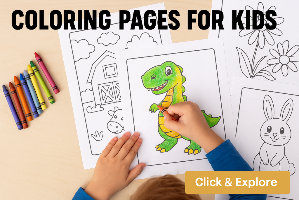 Coloring pages for kids with a dinosaur, bunny, farm scene, and flowers, part colored and part uncolored, with crayons on the side