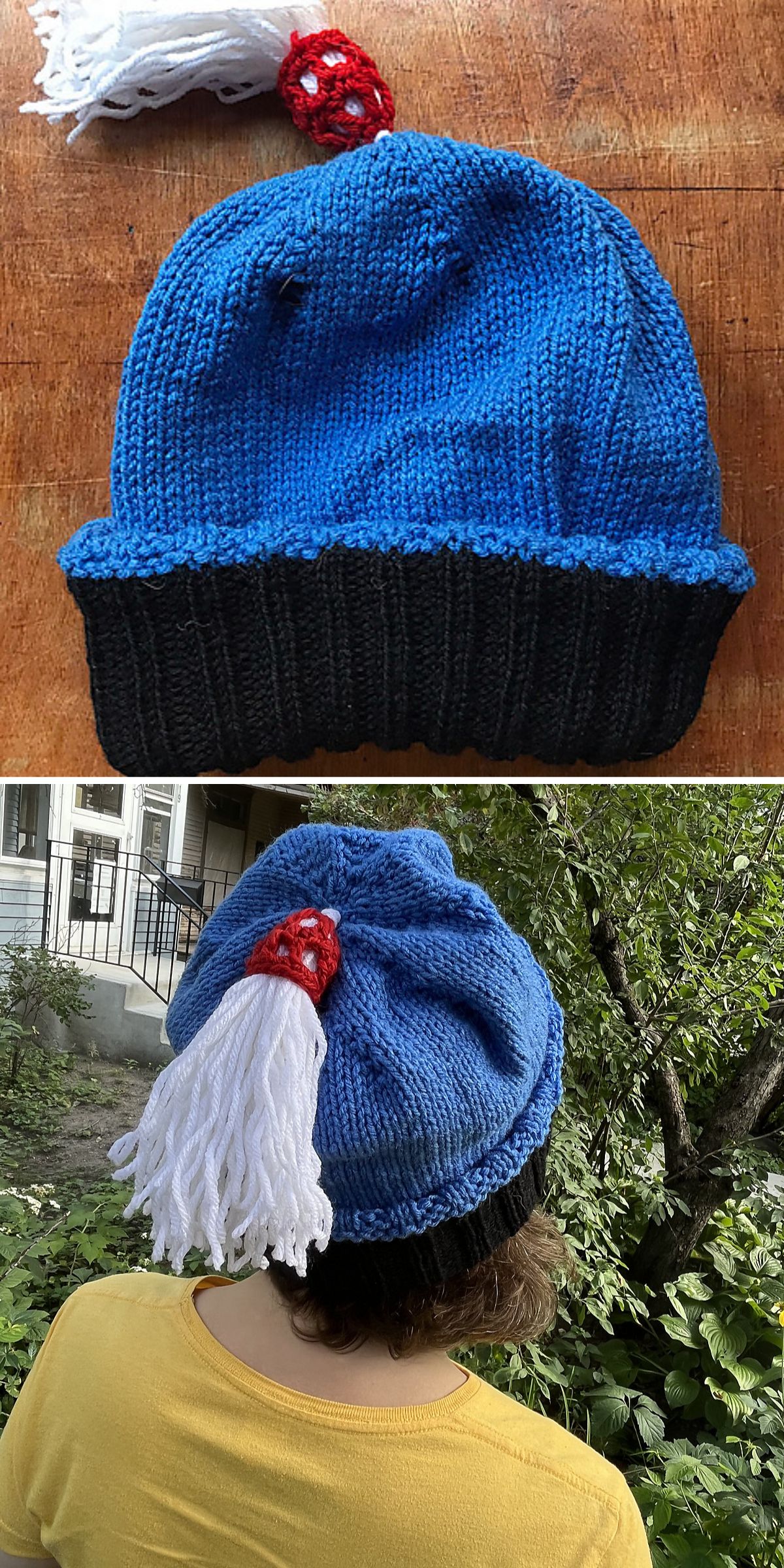 a whimsical knitted hat with a bold tassel pom pom on the top