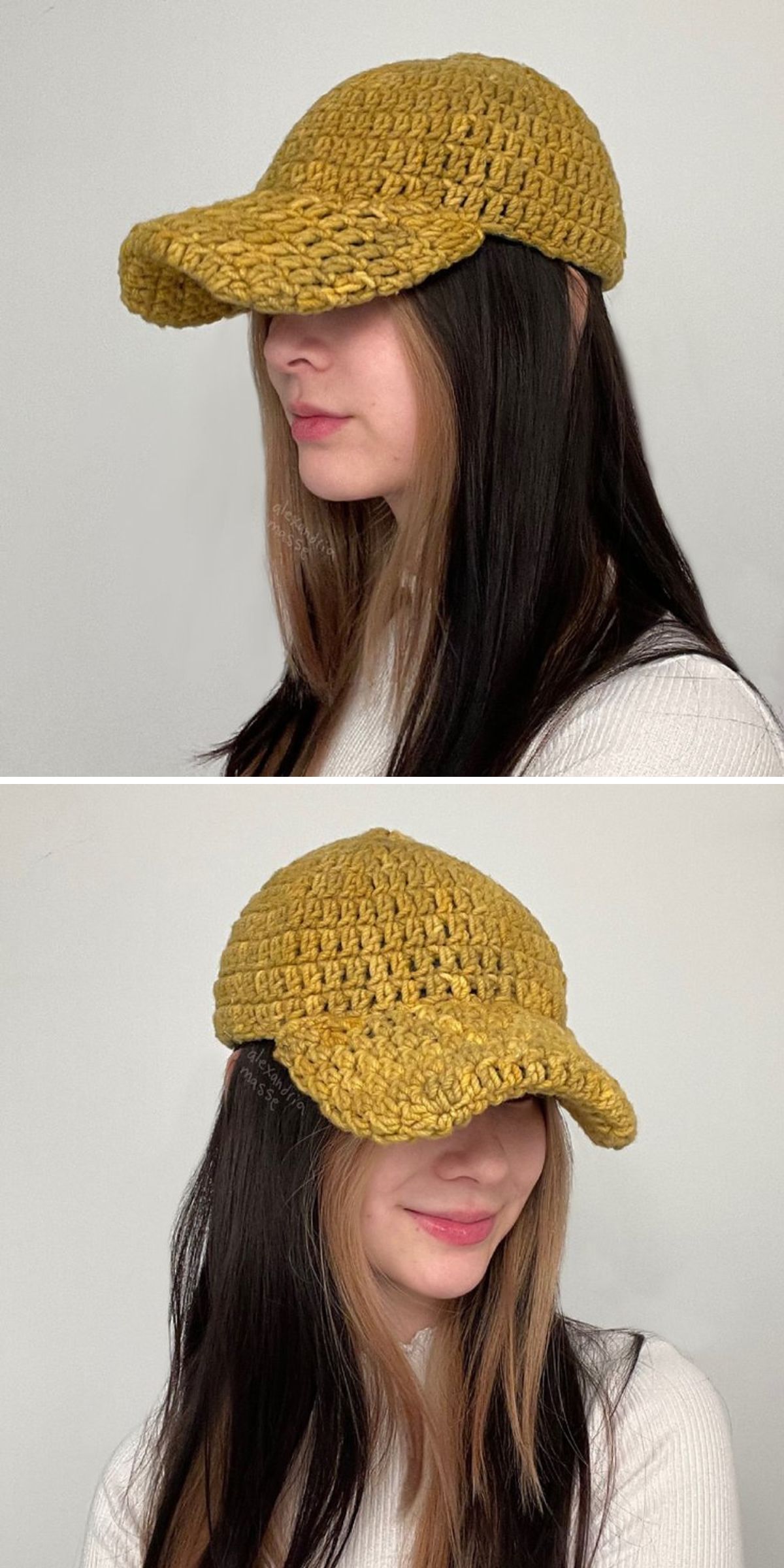 a yellow crochet baseball cap made with a bulky yarn