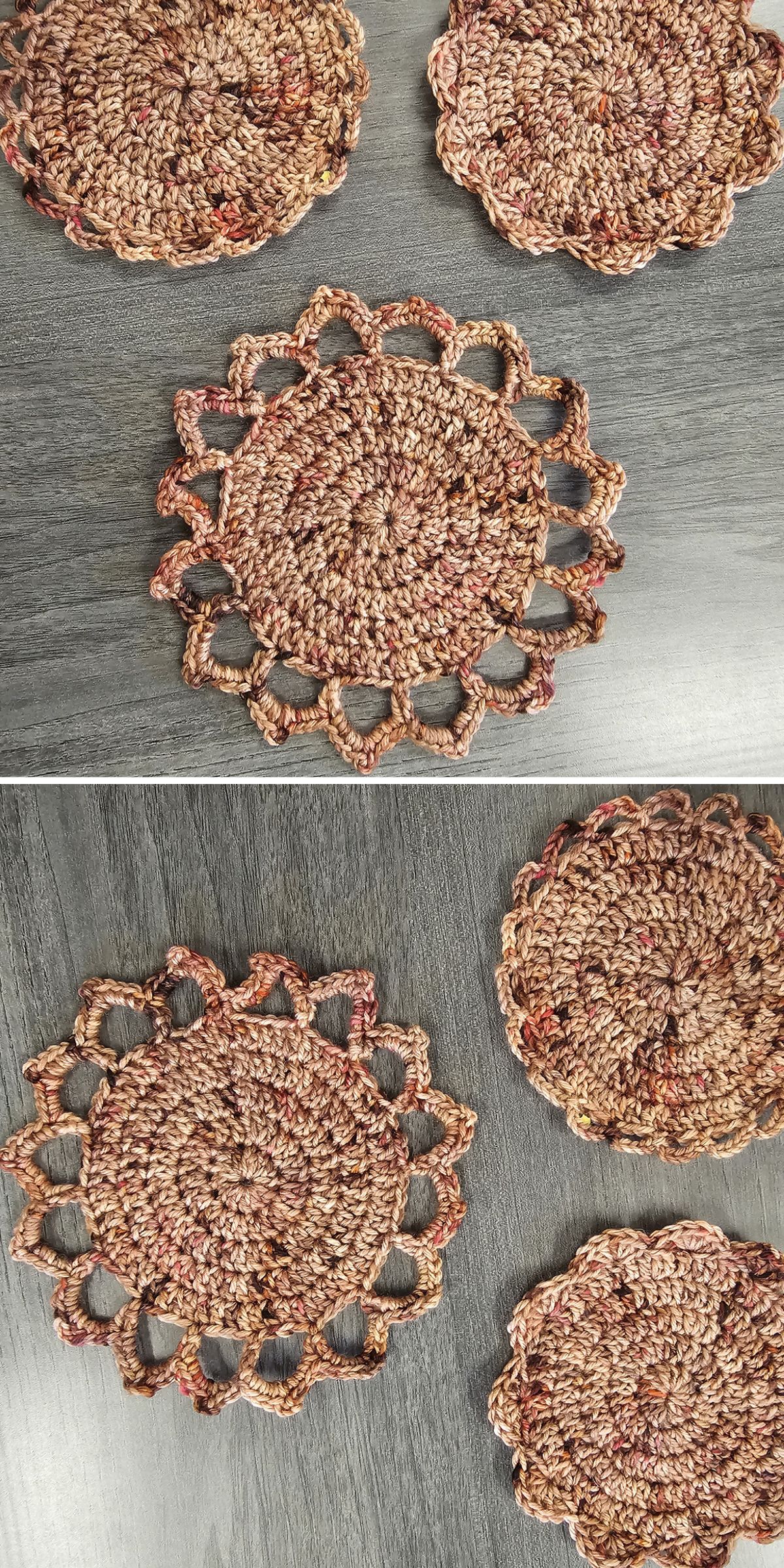 a set of crochet flower-shaped coasters in warm brown colors