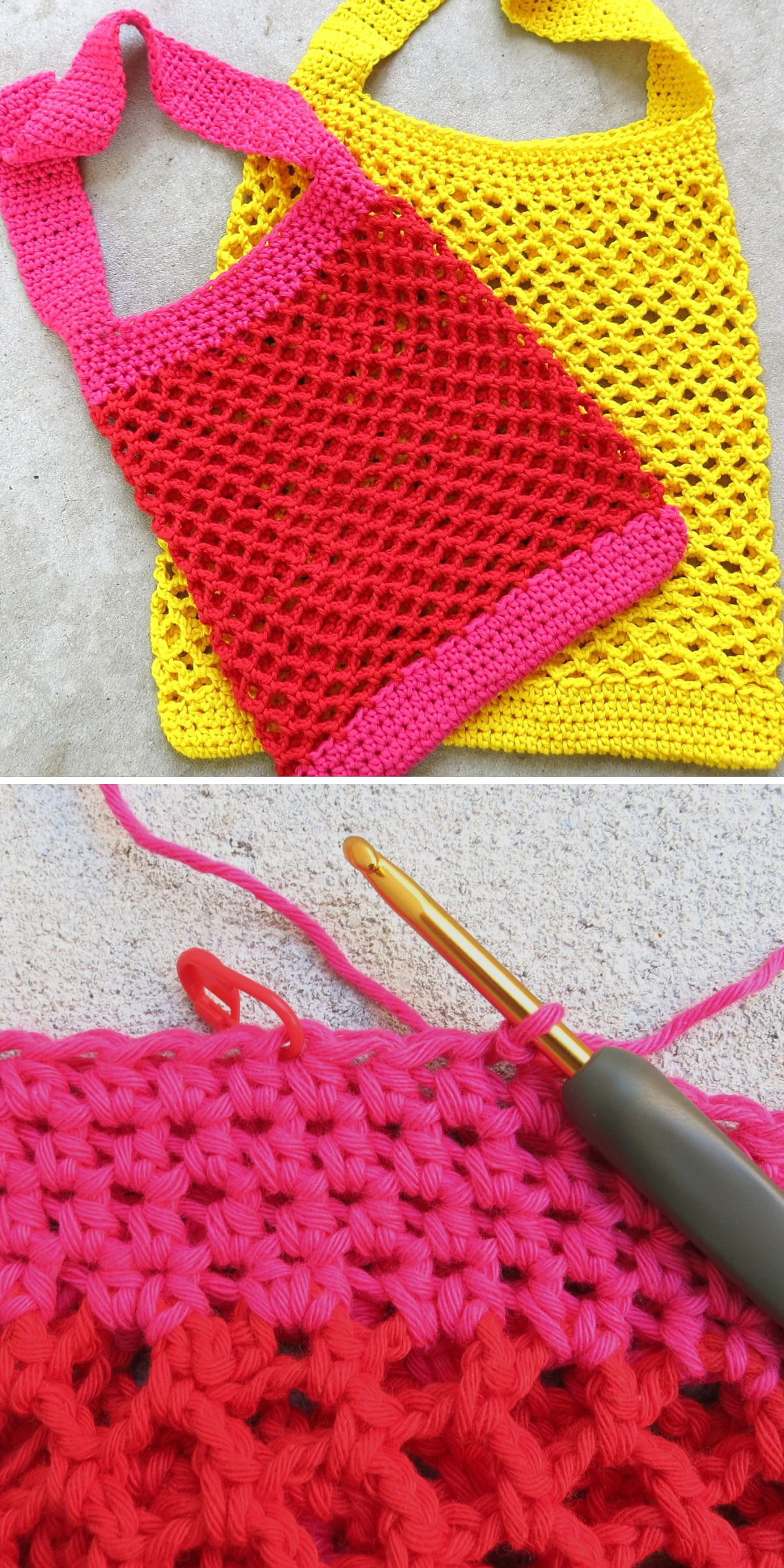 two crochet mesh totes in vibrant colors