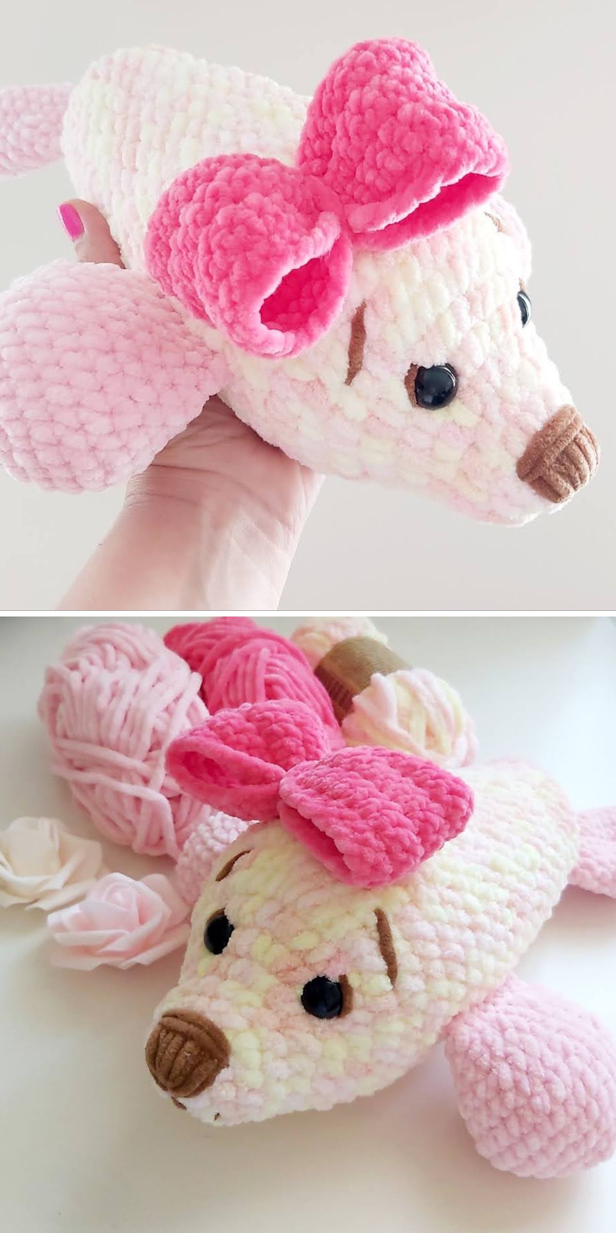 a crochet seal amigurumi made with a pink plush velvet yarn featuring a big bow on its head