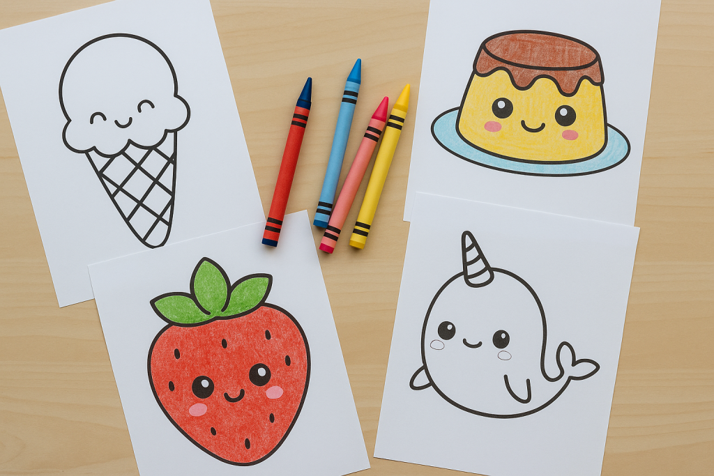 Set of cute and kawaii coloring pages with happy ice cream, strawberry, pudding, and narwhal characters, some colored and some uncolored