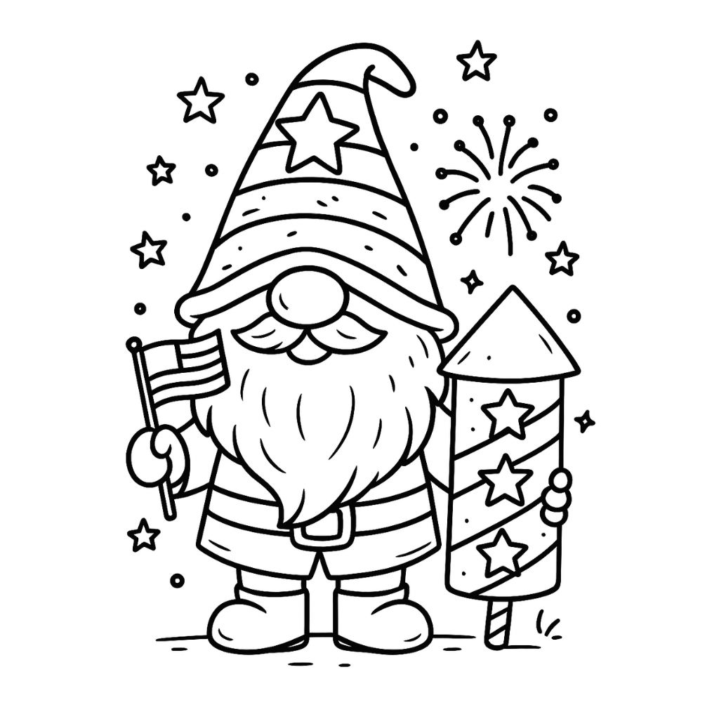 Whimsical gnome holding a flag and standing beside a giant firecracker – fun Independence Day coloring sheet