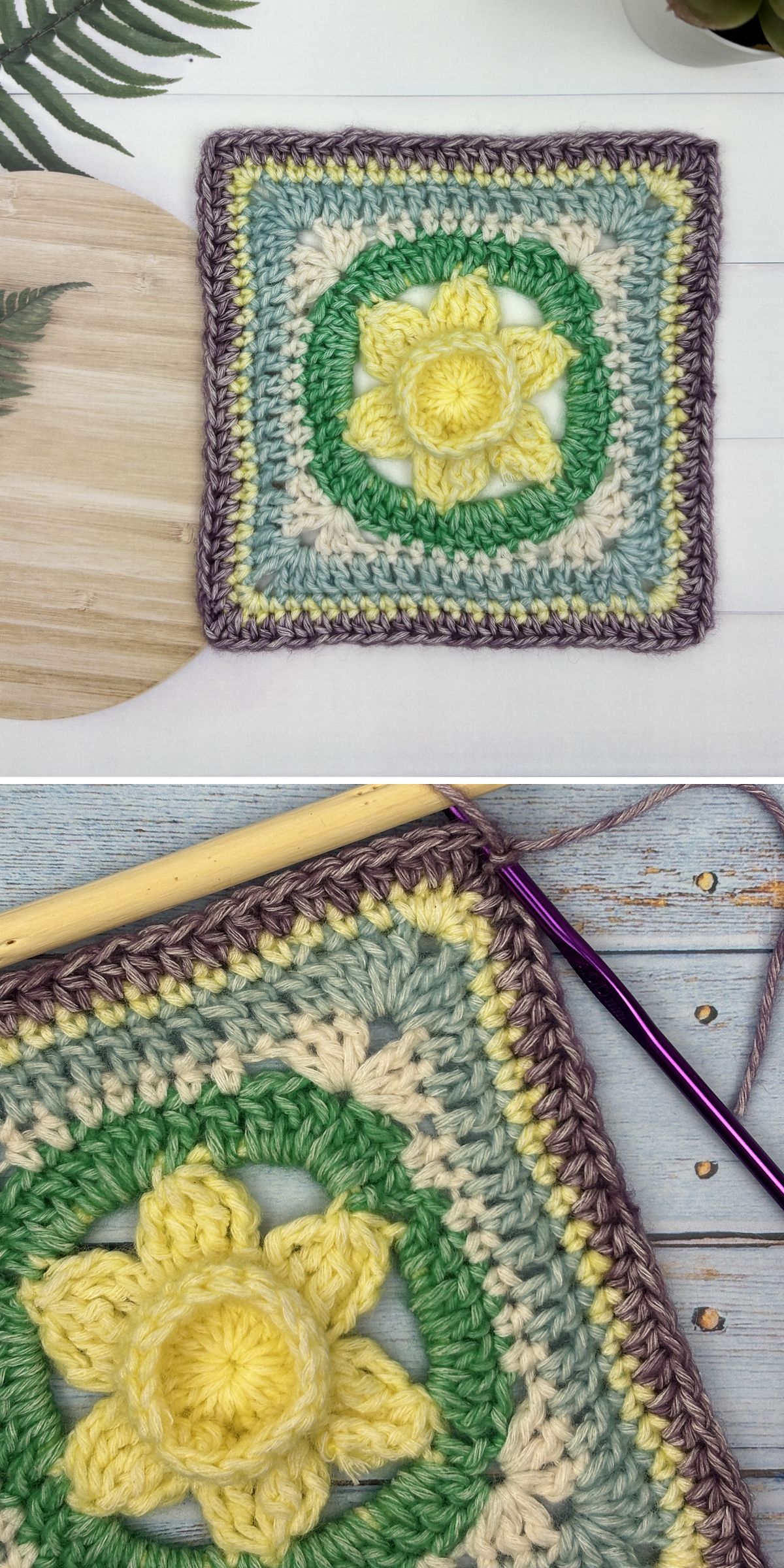 a crochet square block with a detailed daffodil flower motif in the center