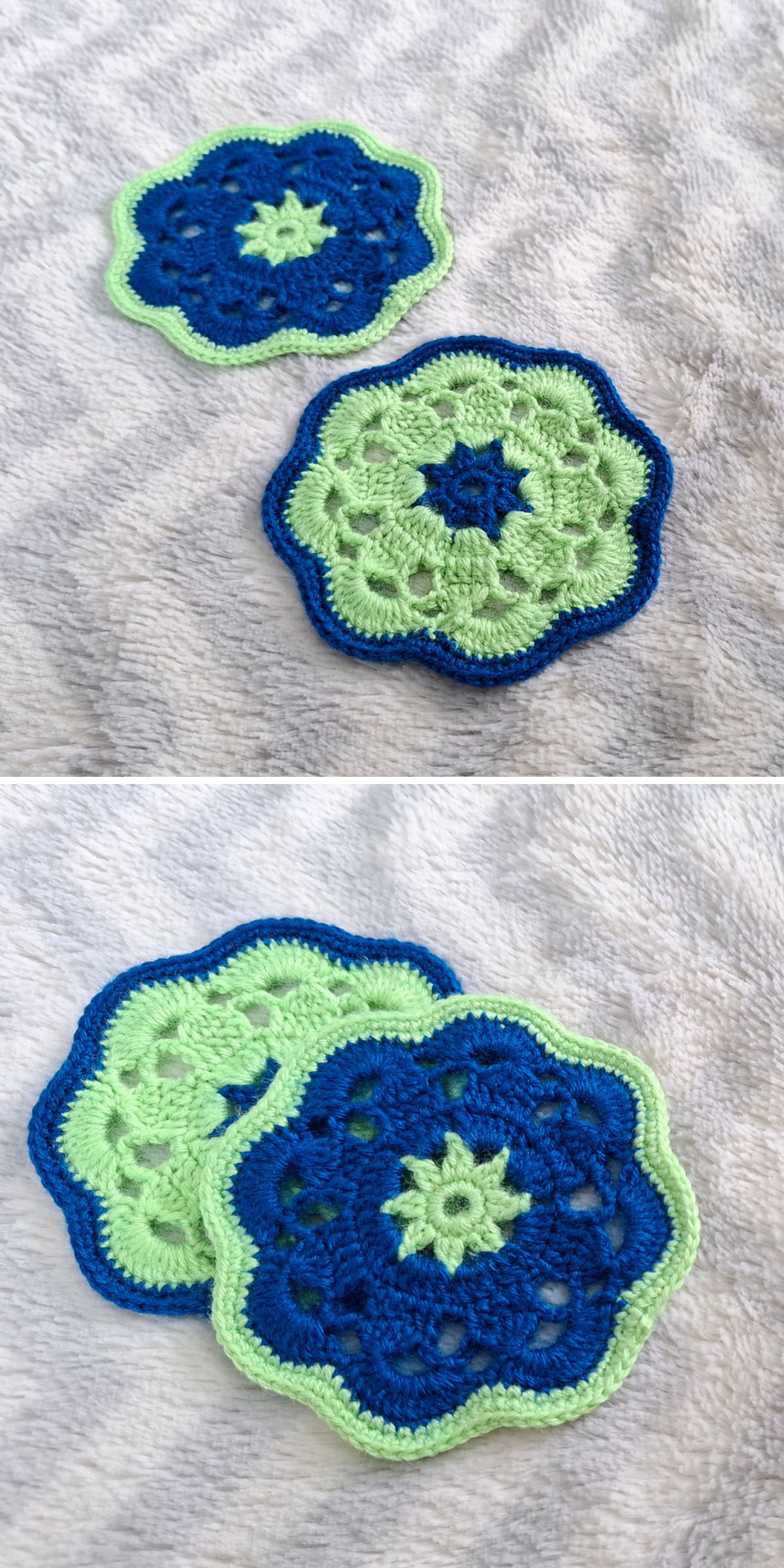 floral crochet coasters in contrasting colors