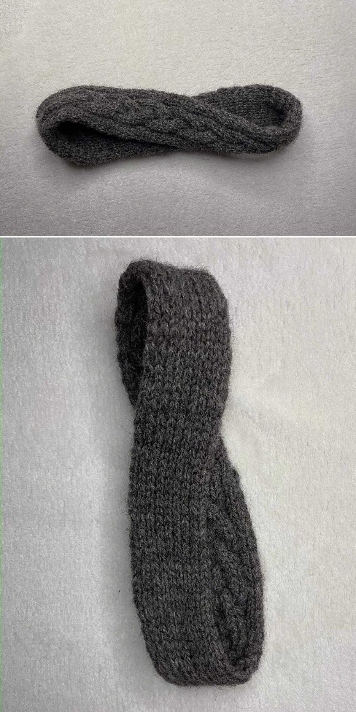 a thin knitted headband in a dark grey color