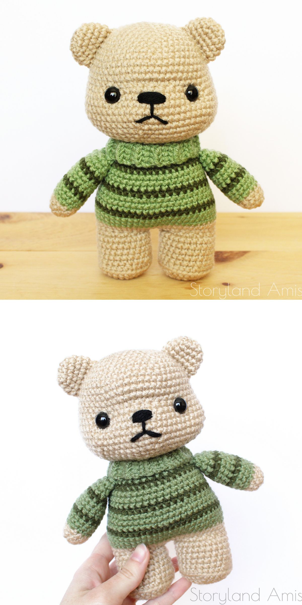 a cute crochet teddy bear wearing a green striped sweater