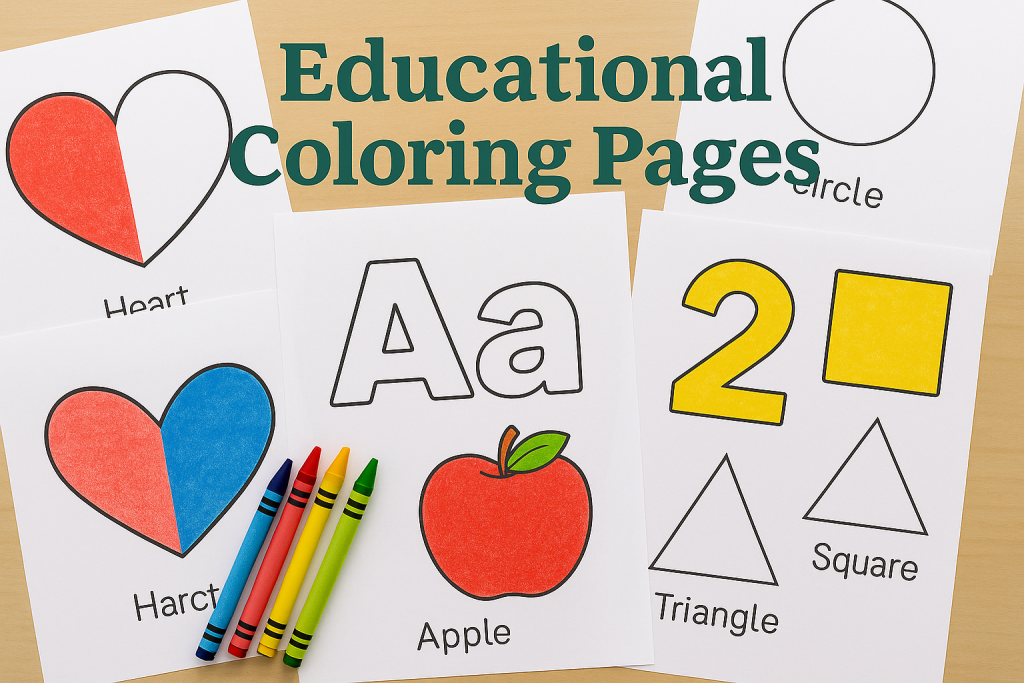Educational coloring pages with alphabet letters, numbers, and geometric shapes, shown in both colored and uncolored versions