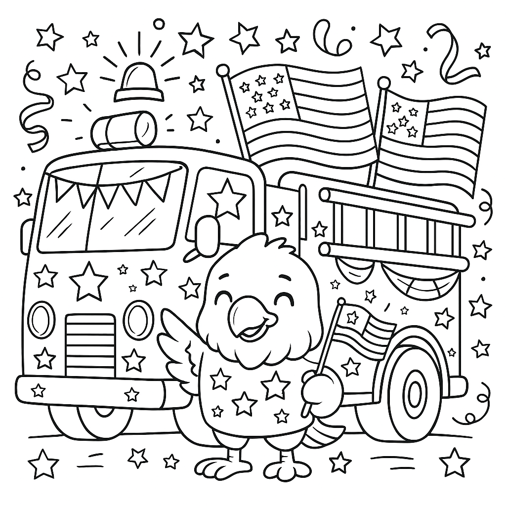 Cartoon firetruck covered in American flags and stars with cheerful bird – exciting 4th of July coloring page for kids