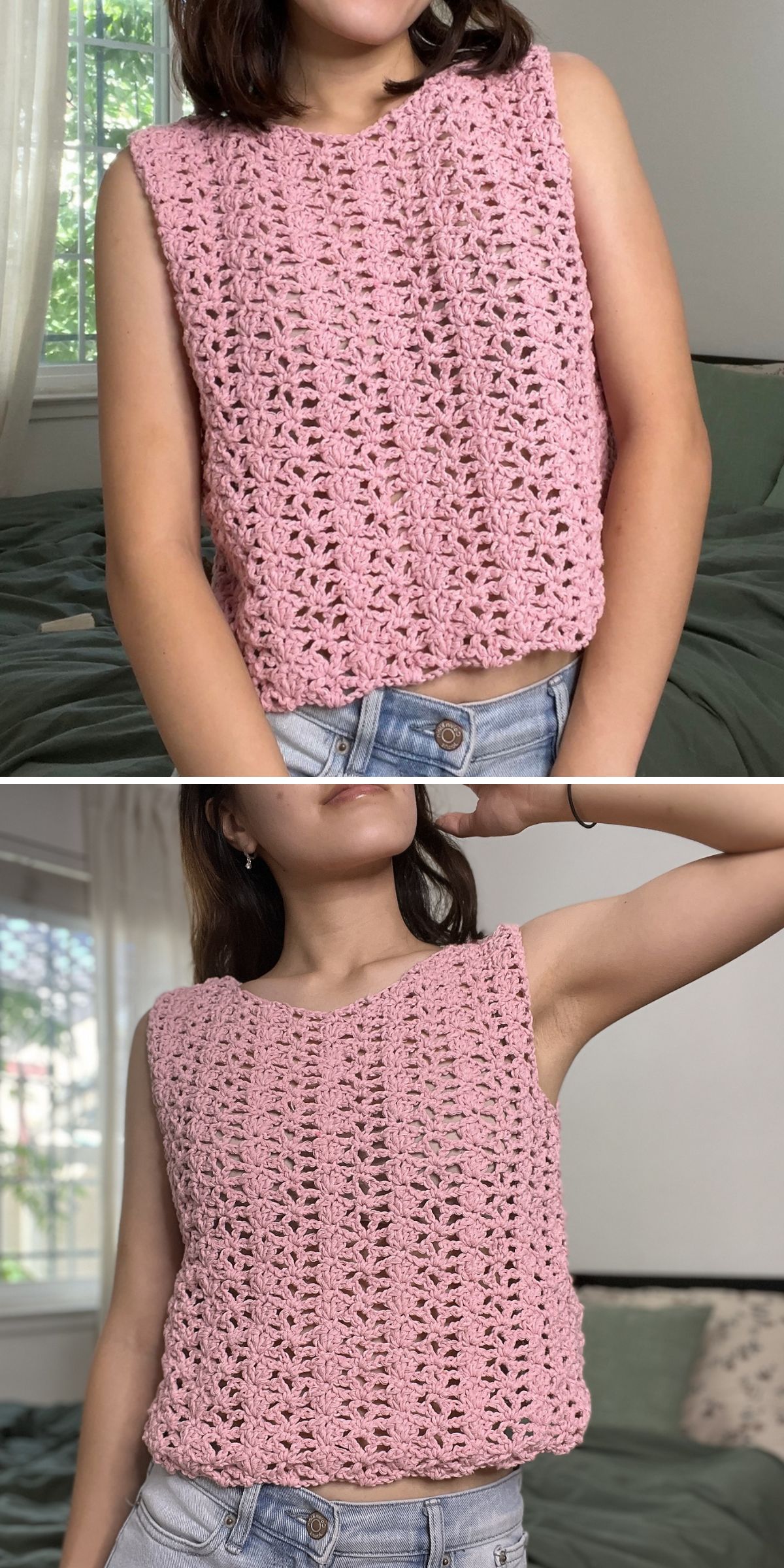 a pink lacy crochet top