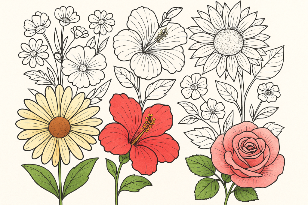 Flower coloring pages with a mix of colored and uncolored flowers, including a daisy, hibiscus, sunflower, and rose