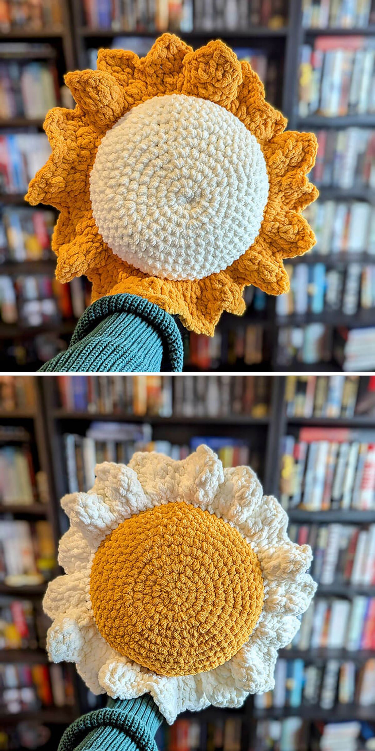 a large crochet pillow shaped like a sunflower