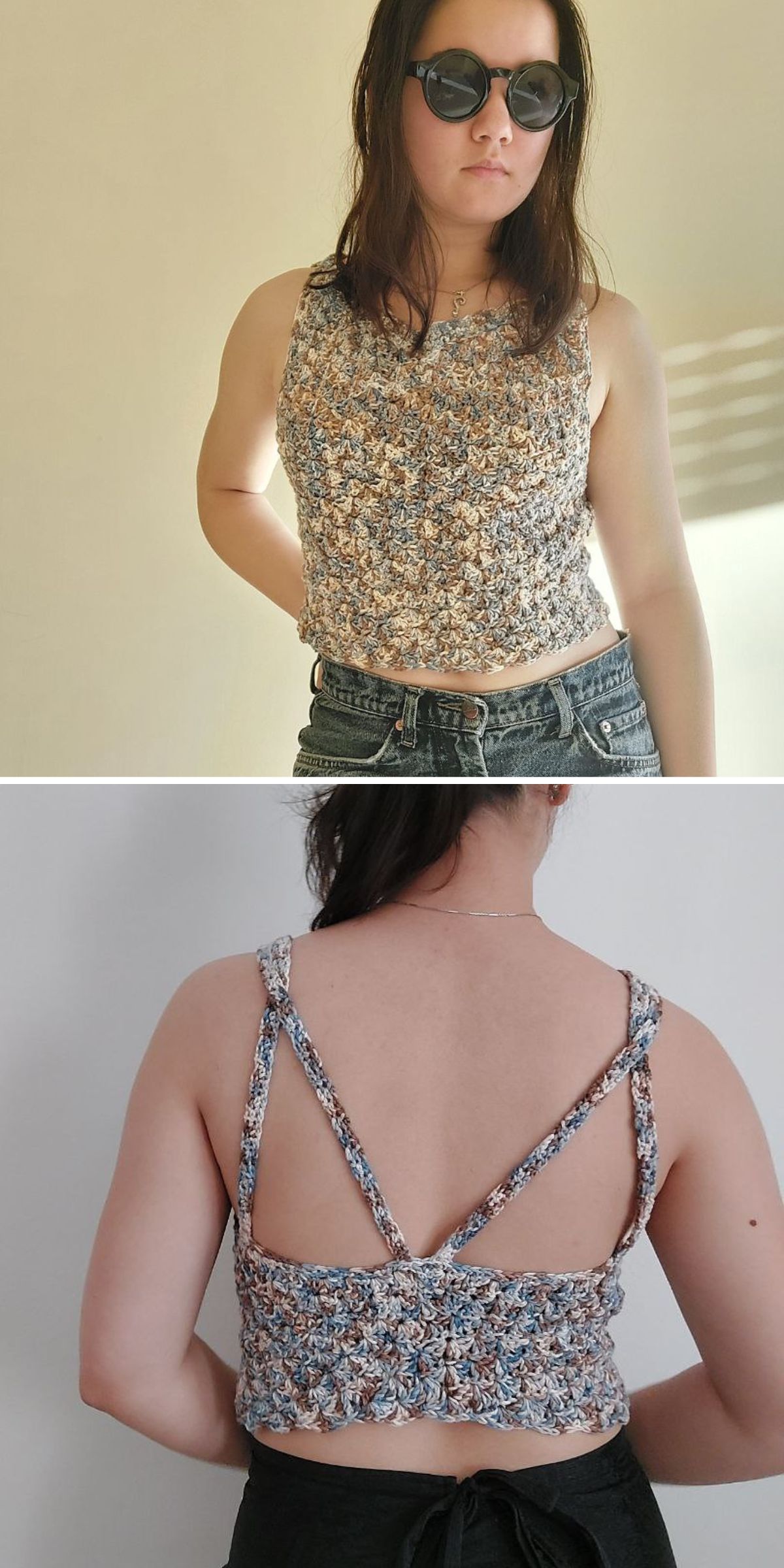 a crochet tank top featuring diagonal and straight straps on the back