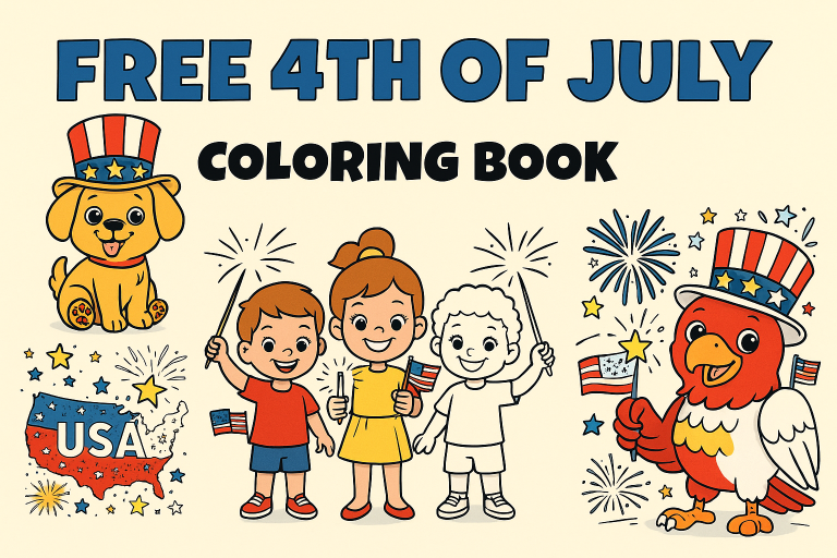 Preview of free 4th of July coloring book for kids featuring patriotic puppy, USA map, smiling eagle, and children with sparklers