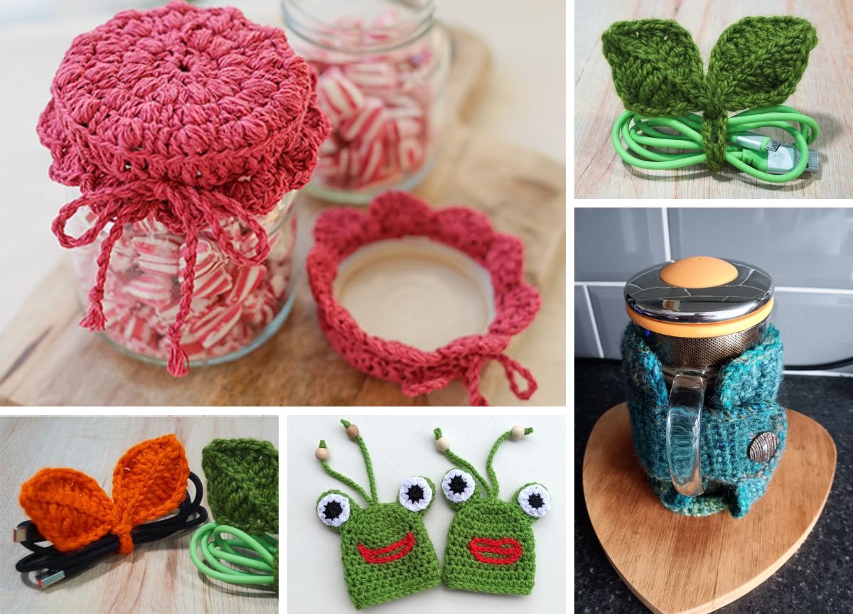 a set of cute crochet cozies for various home items