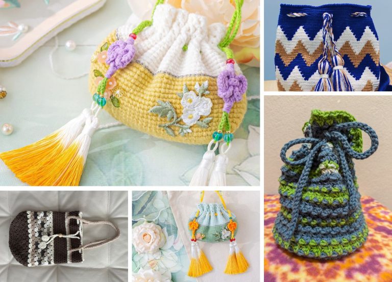 a collection of beautiful crochet drawstring bags