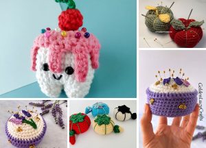 a collection of crochet pincushions