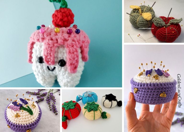 a collection of crochet pincushions