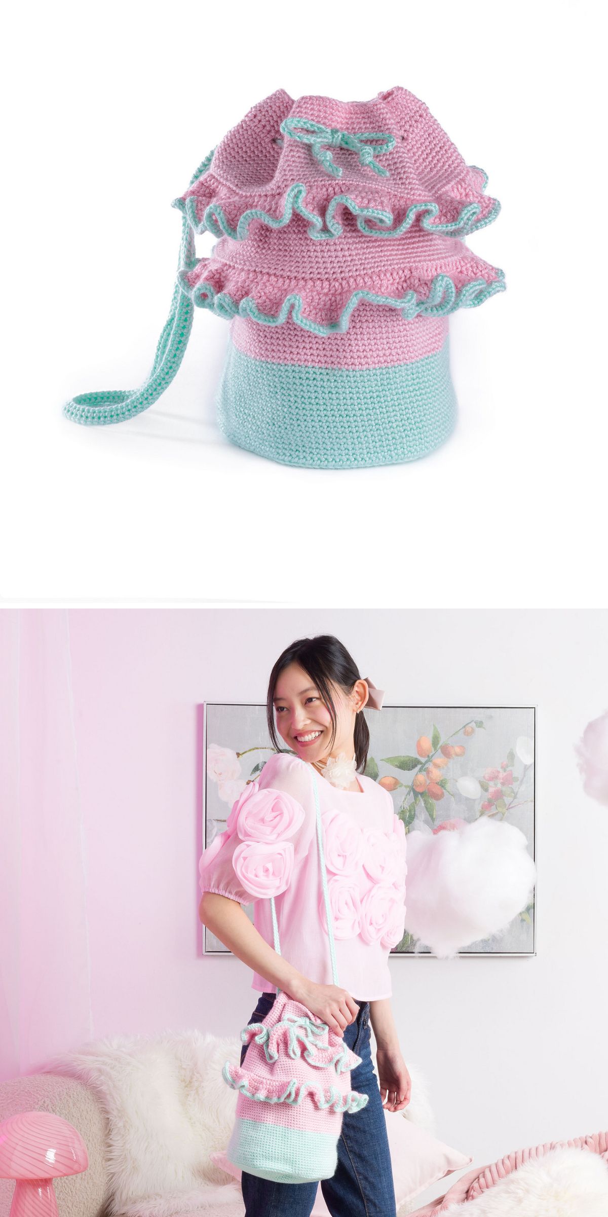 a crochet bucket bag with raffles in pastel colors