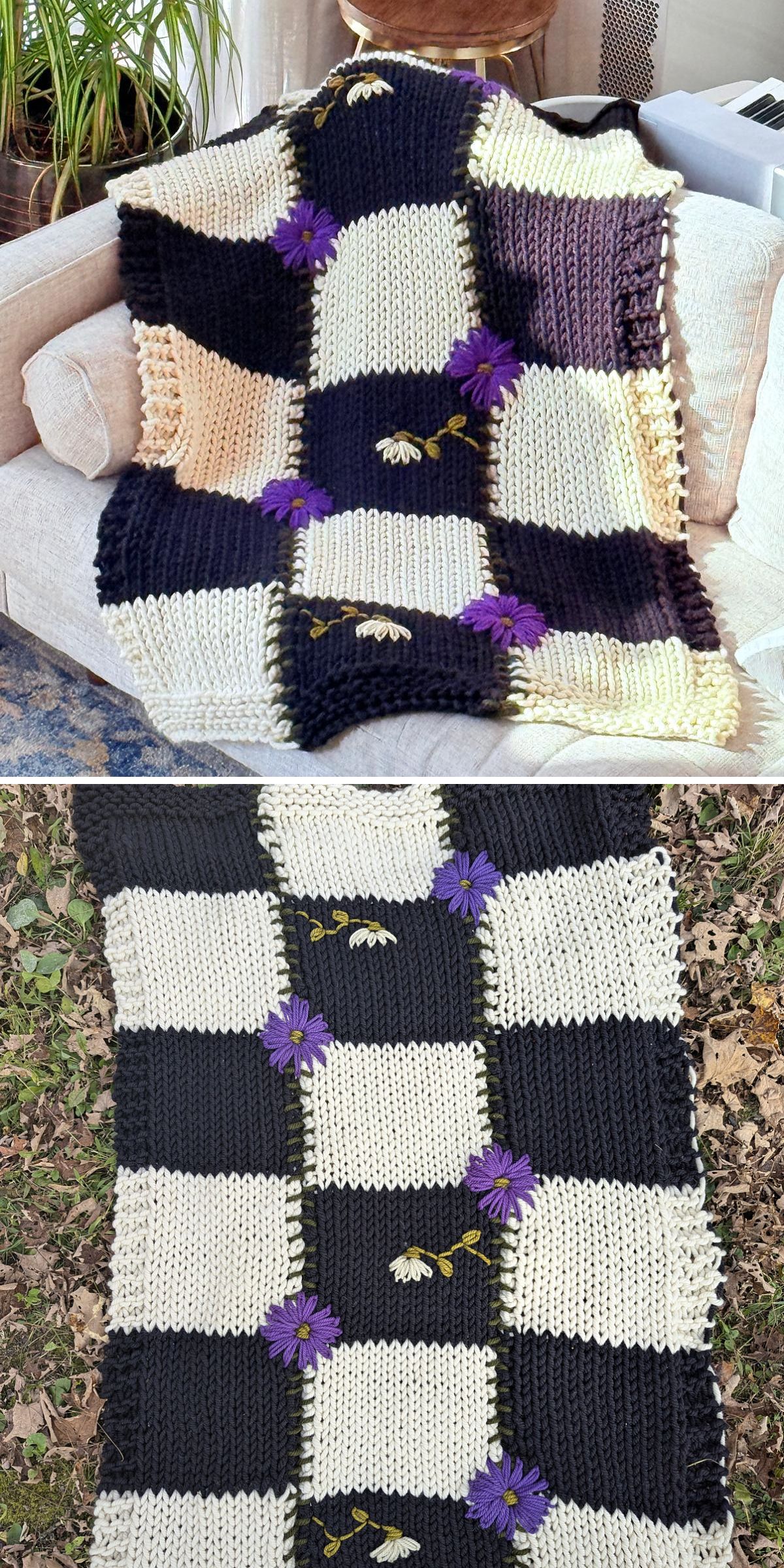 a knitted blanket featuring a bacl-and-white chessboard design adorned with flower motifs