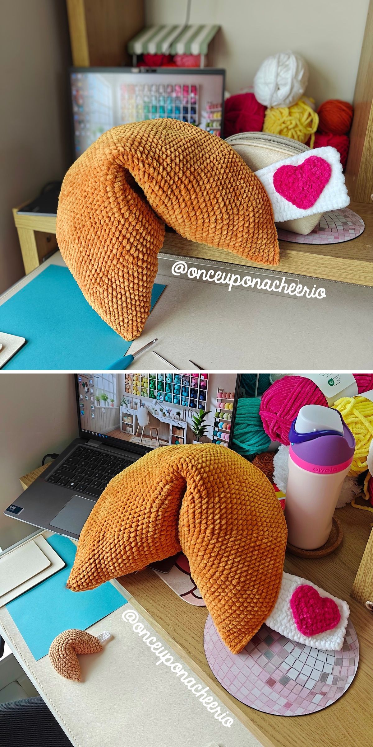a large crochet fortune cookie pillow