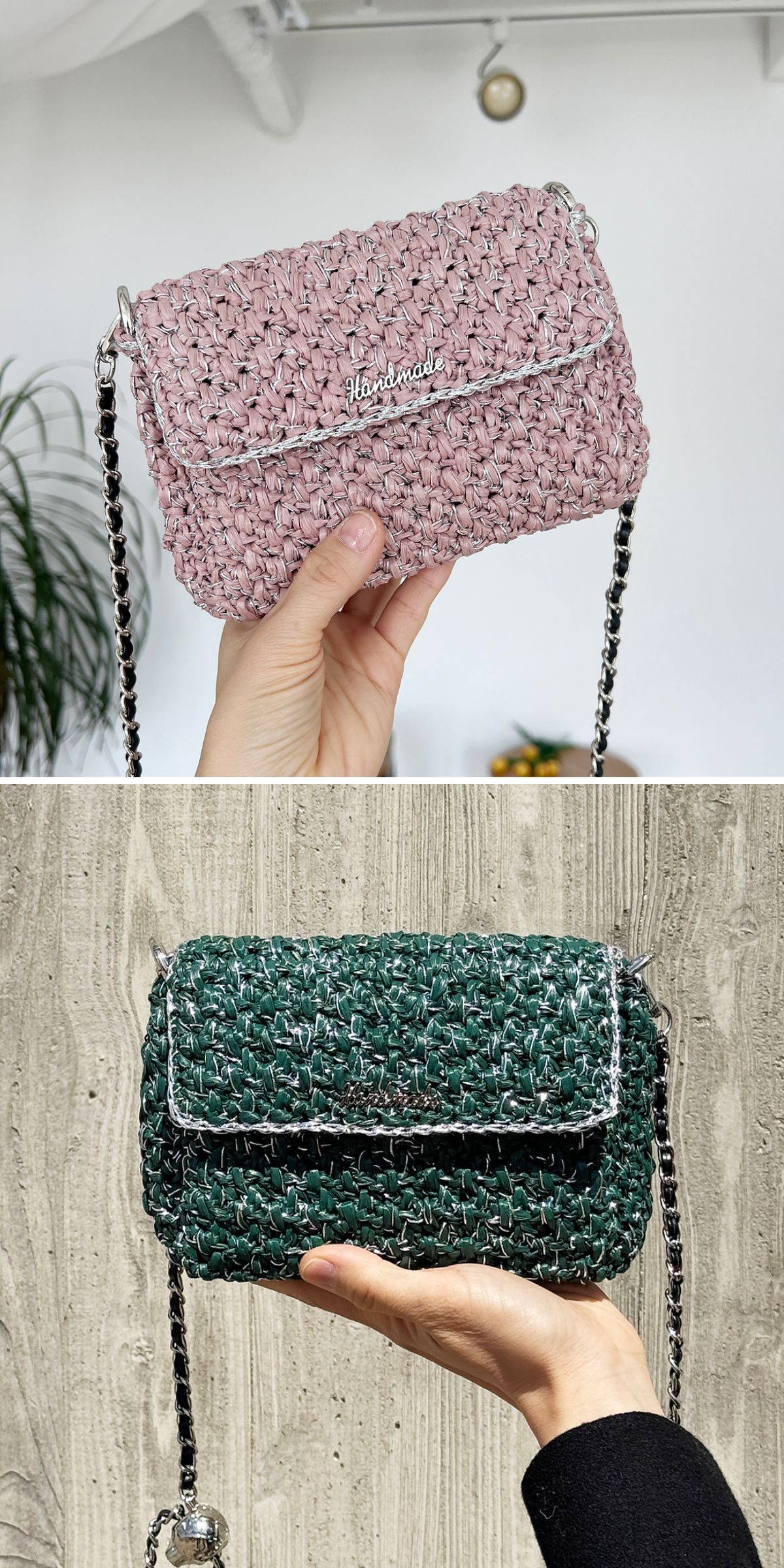 a rectangular crochet clutch with a flap closure and long strap