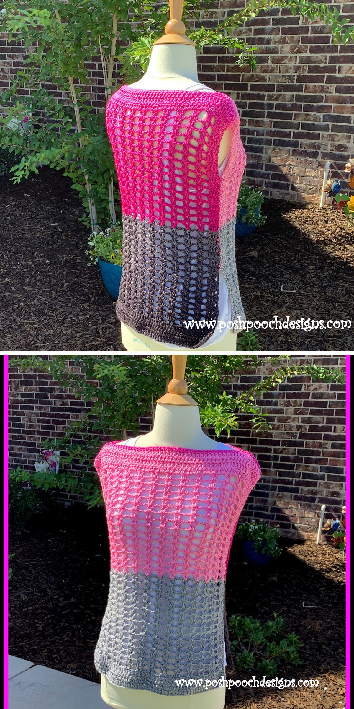a two-tone crochet top with a mesh fabric showcased on a mannequin
