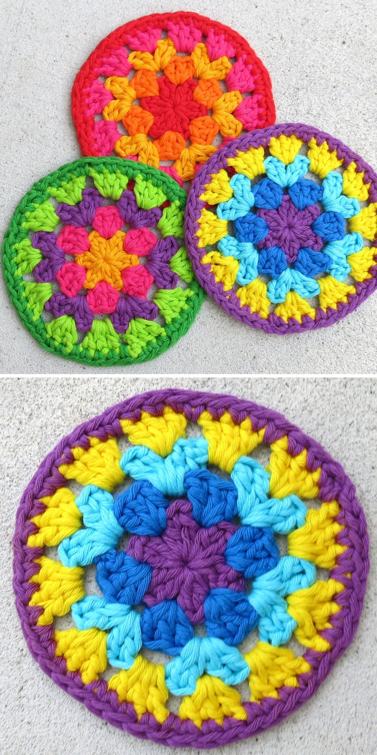 vibrant crochet coasters worked with granny stitches