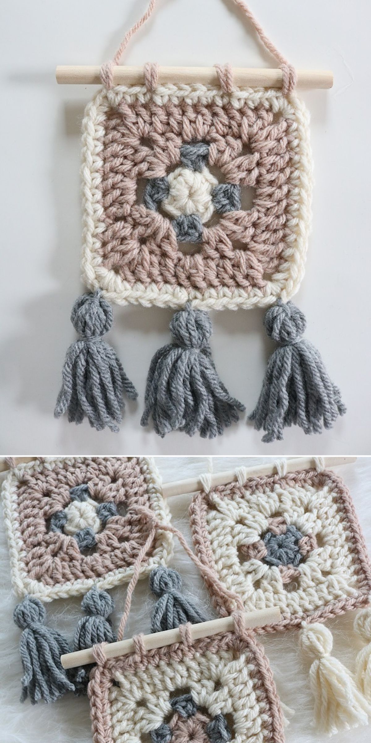 a  retro-styled crochet wall hanging made of a granny square and tassel fringe